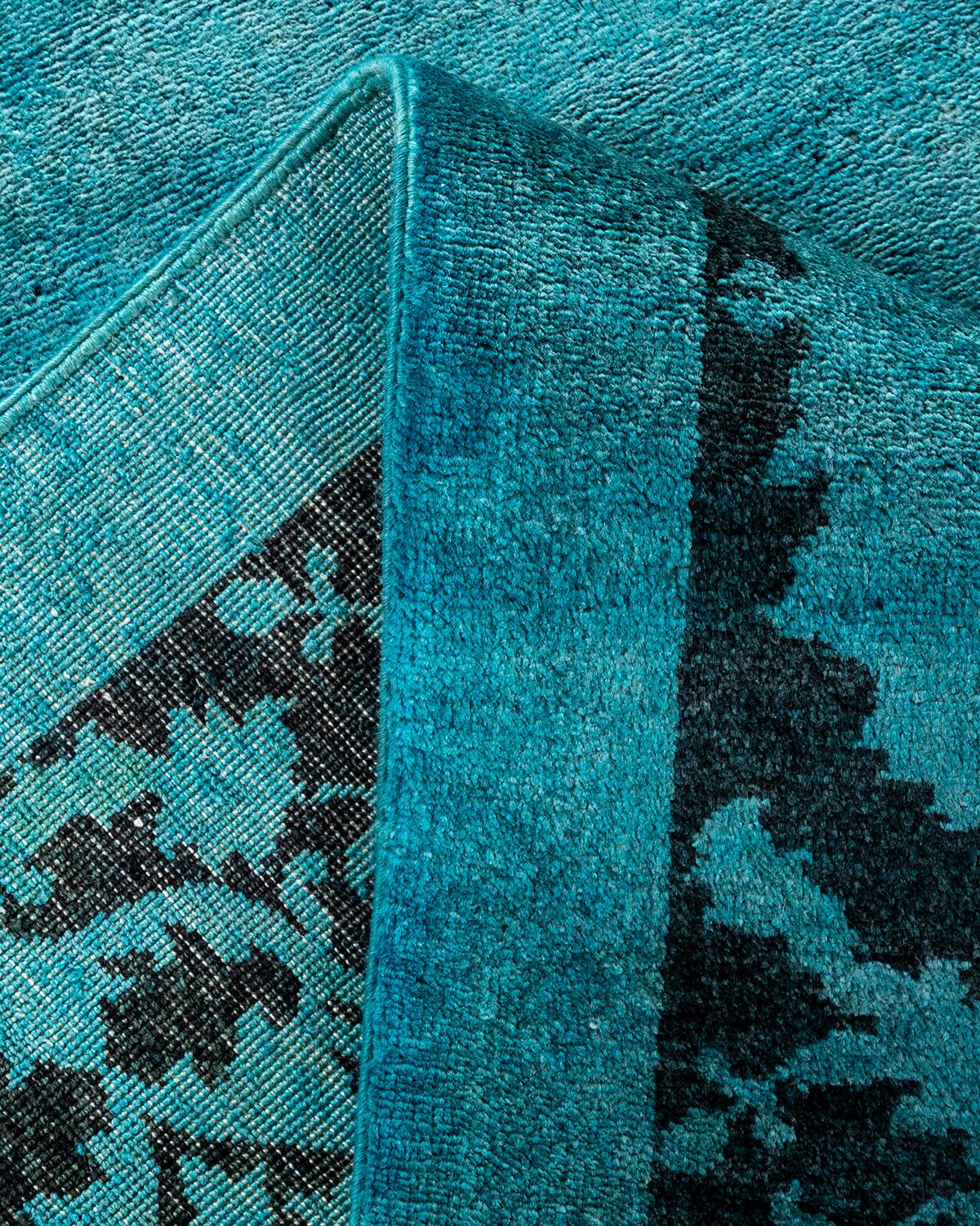 Contemporary Overdyed Hand Knotted Wool Blue Area Rug For Sale 2