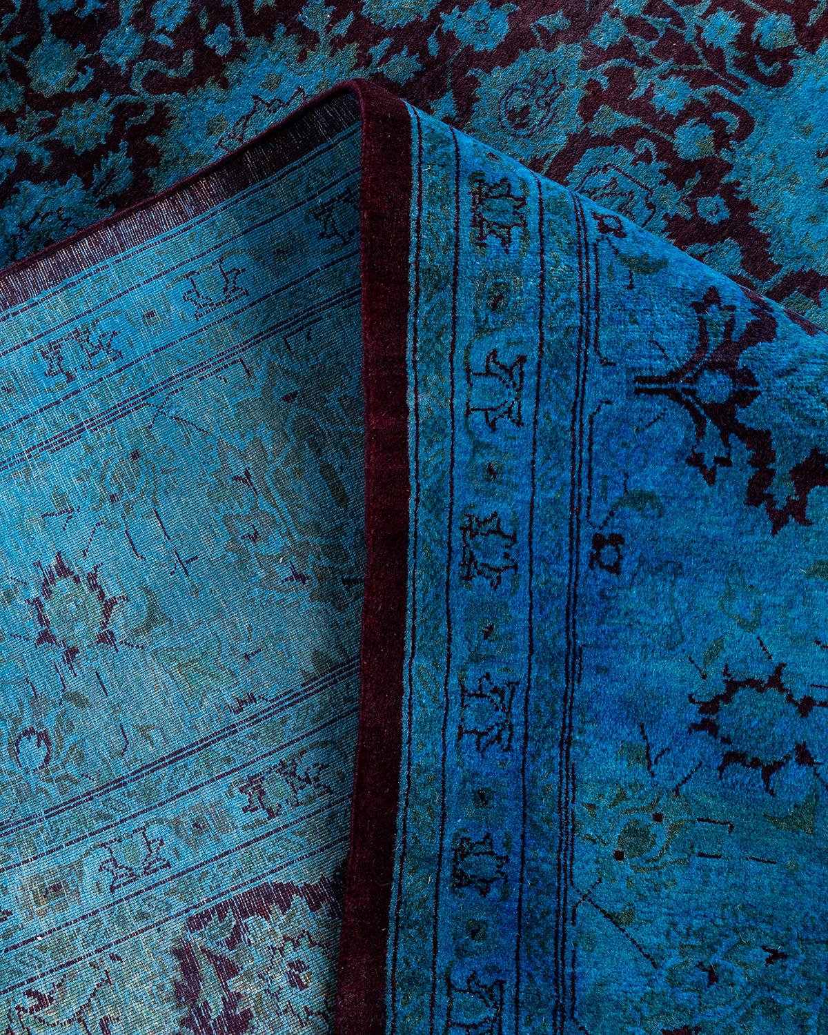 Contemporary Overdyed Hand Knotted Wool Blue Area Rug For Sale 2
