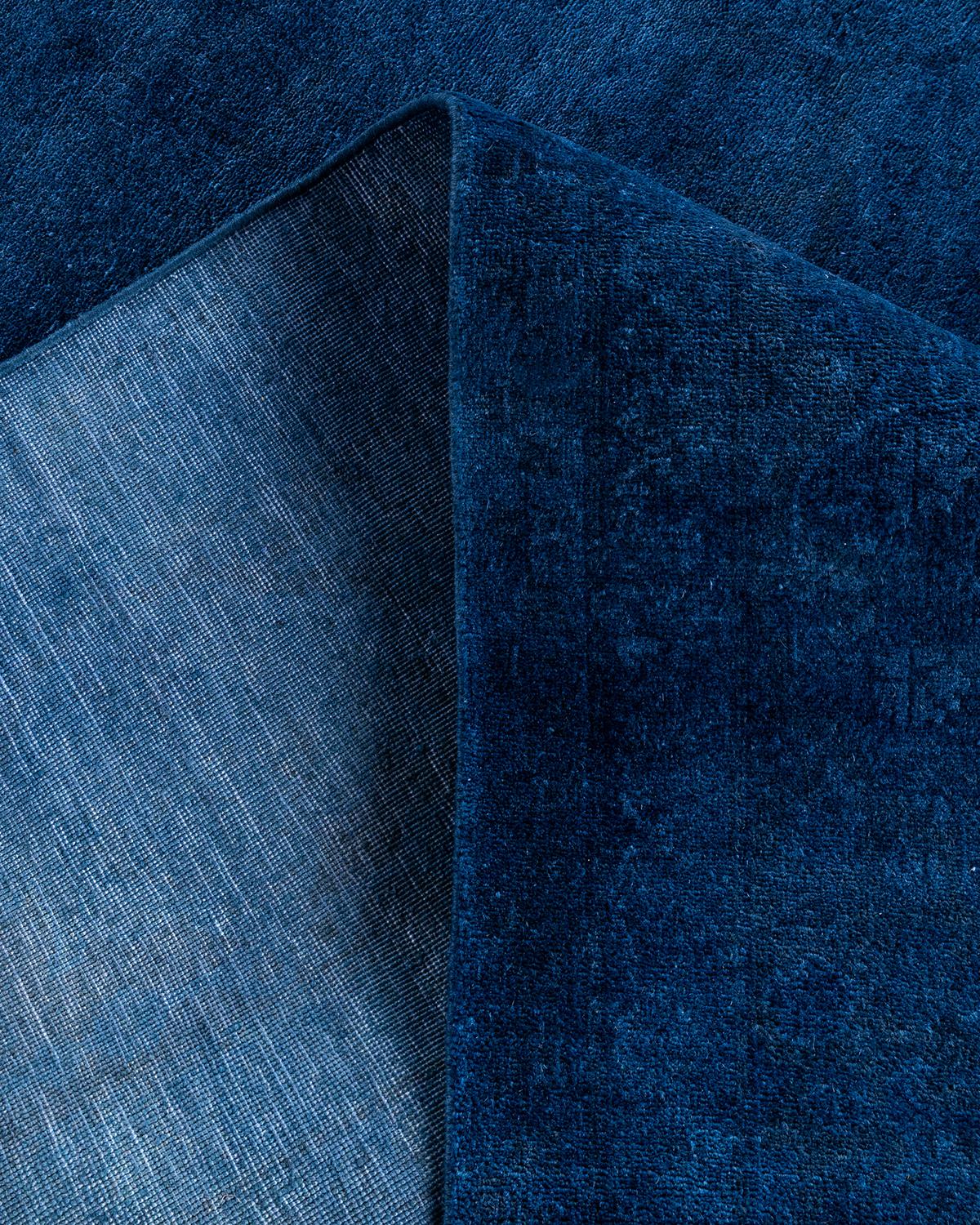 Contemporary Overdyed Hand Knotted Wool Blue Area Rug For Sale 2