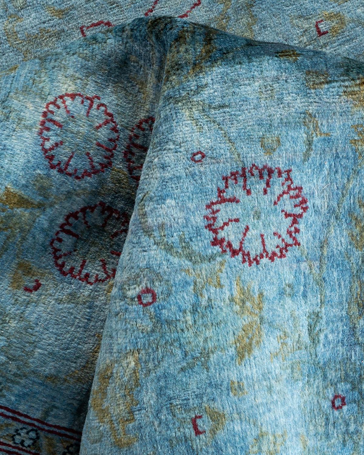 Contemporary Overdyed Hand Knotted Wool Blue Area Rug For Sale 3