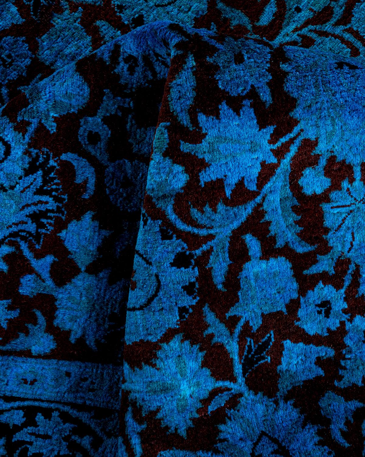 Contemporary Overdyed Hand Knotted Wool Blue Area Rug For Sale 3