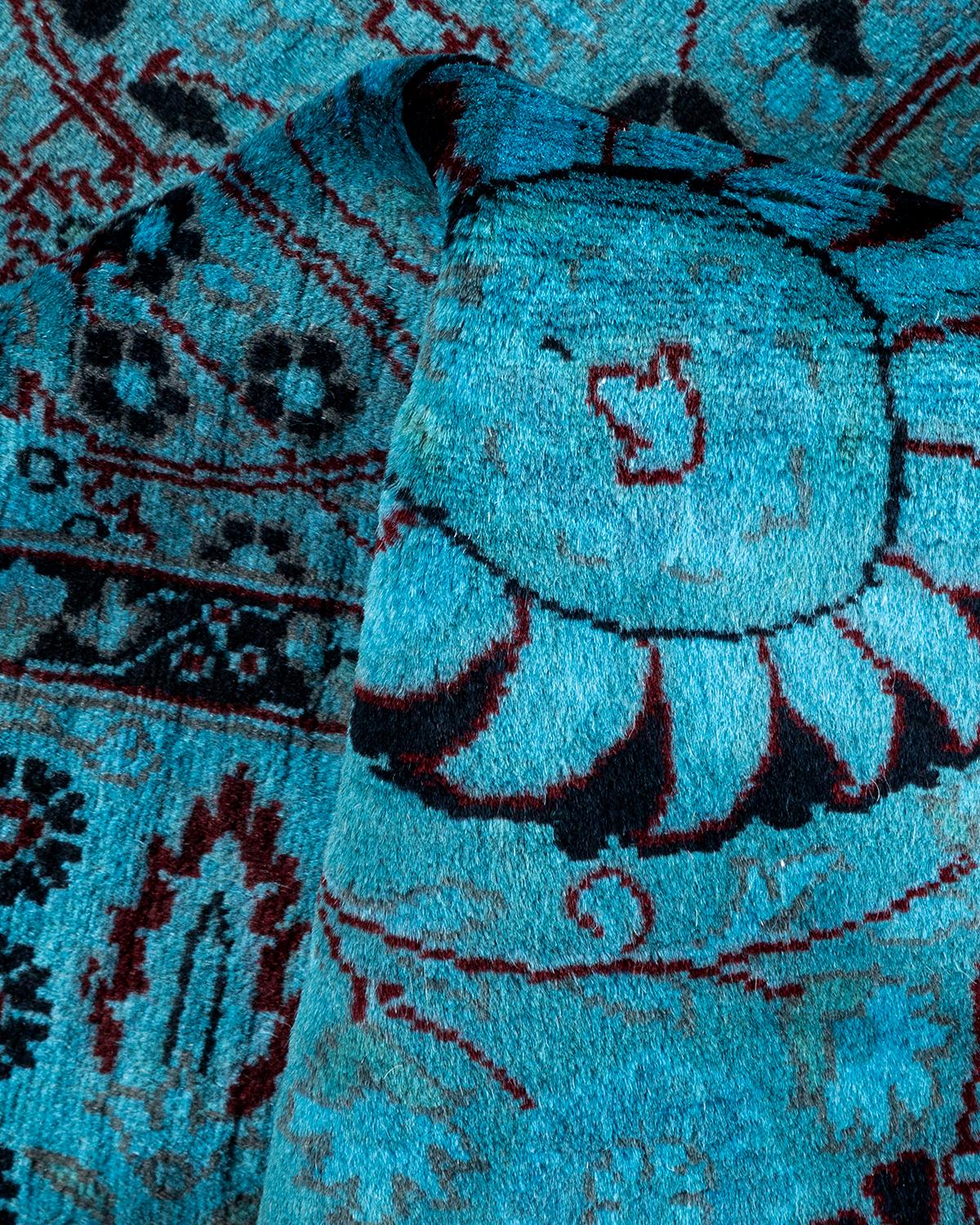 Contemporary Overdyed Hand Knotted Wool Blue Area Rug For Sale 3