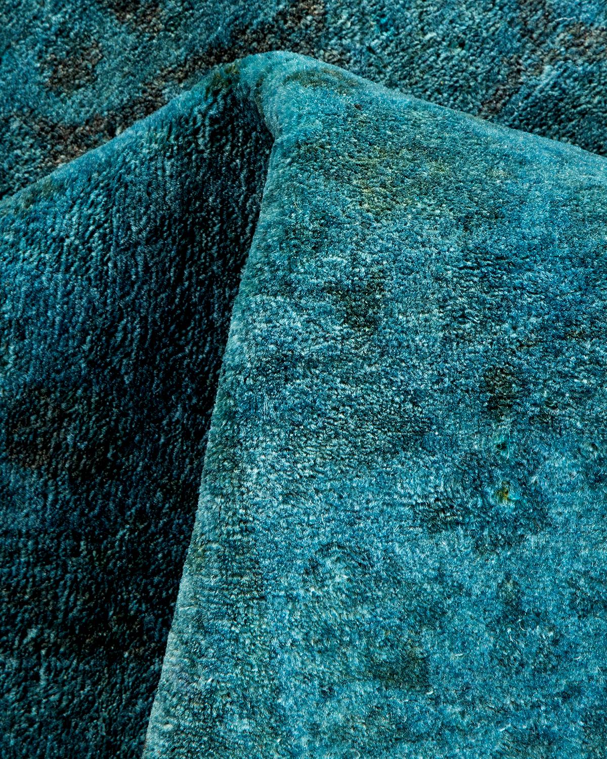 Contemporary Overdyed Hand Knotted Wool Blue Area Rug For Sale 3