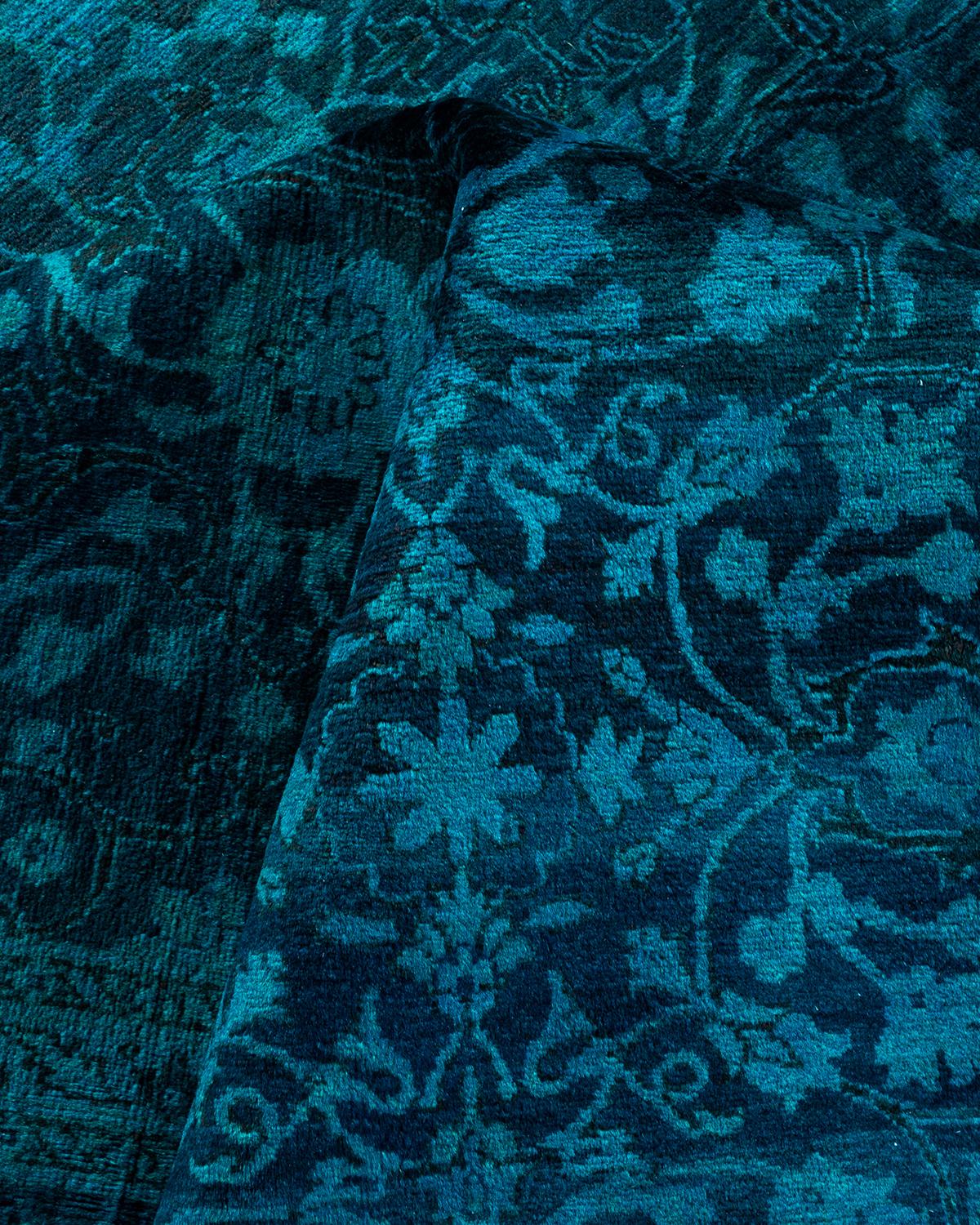 Contemporary Overdyed Hand Knotted Wool Blue Area Rug For Sale 3