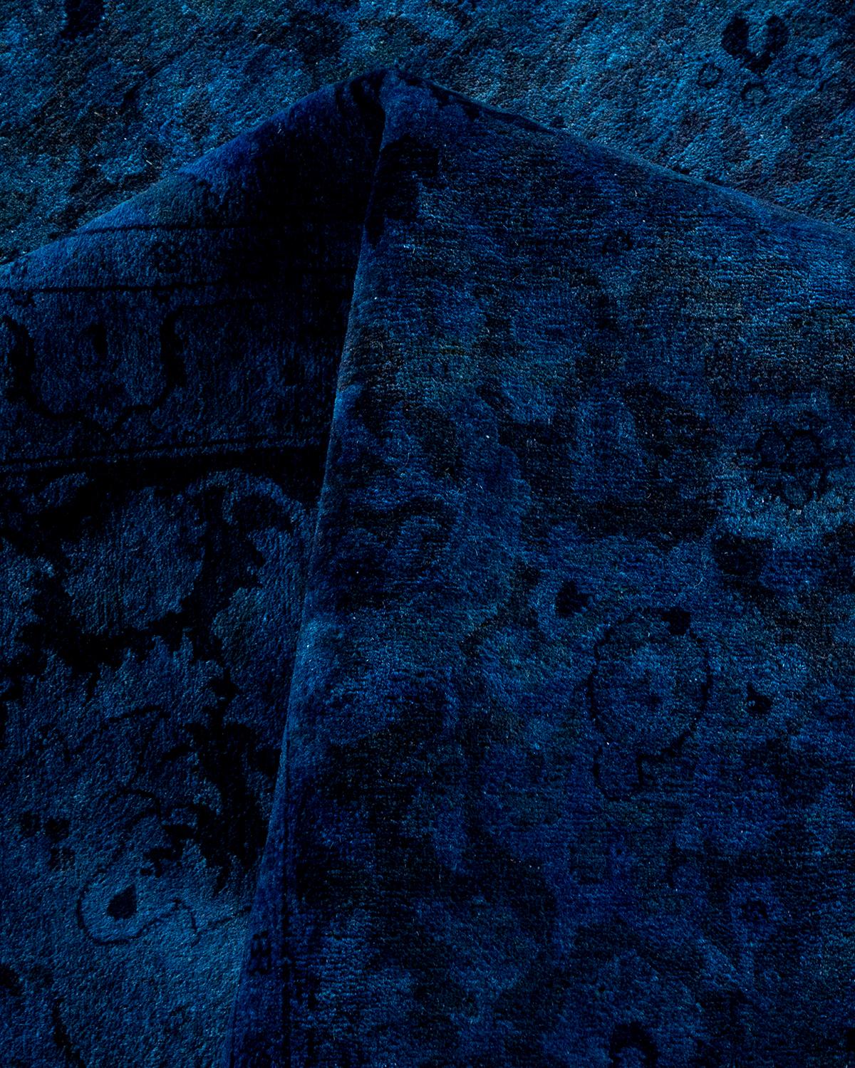 Contemporary Overdyed Hand Knotted Wool Blue Area Rug For Sale 3