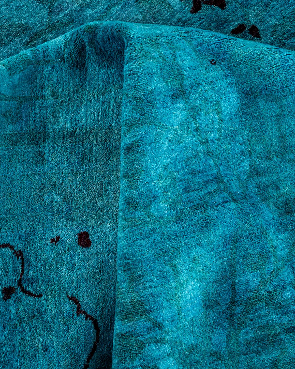 Contemporary Overdyed Hand Knotted Wool Blue Area Rug For Sale 3