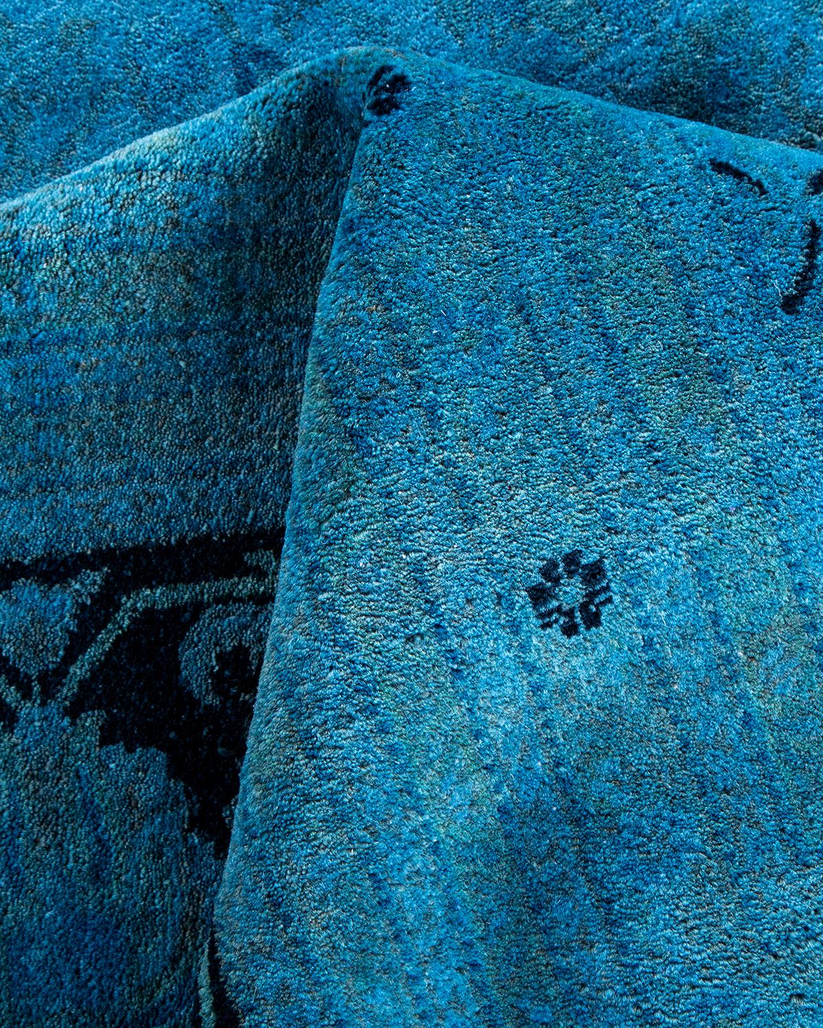 Contemporary Overdyed Hand Knotted Wool Blue Area Rug For Sale 3