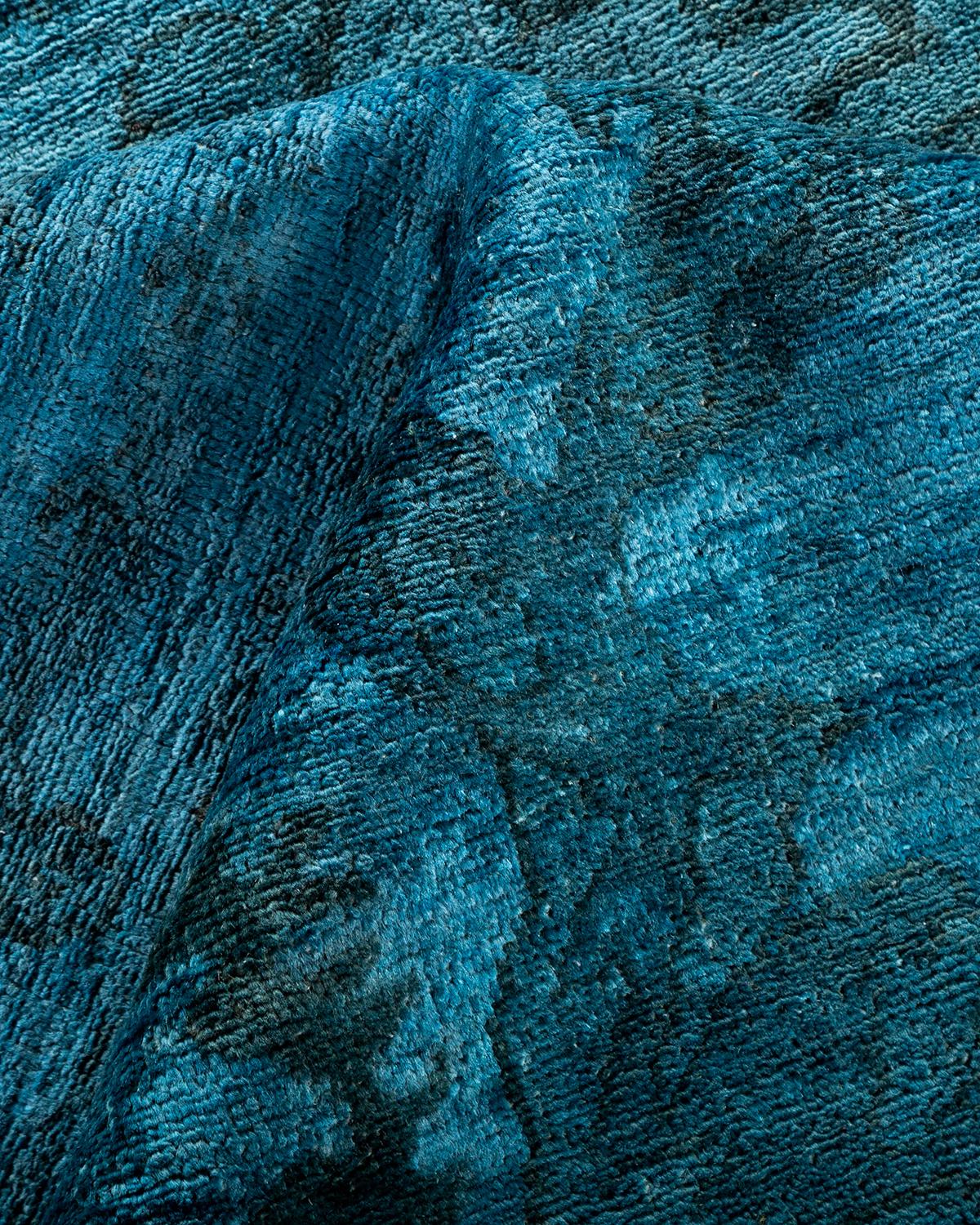 Contemporary Overdyed Hand Knotted Wool Blue Area Rug For Sale 3