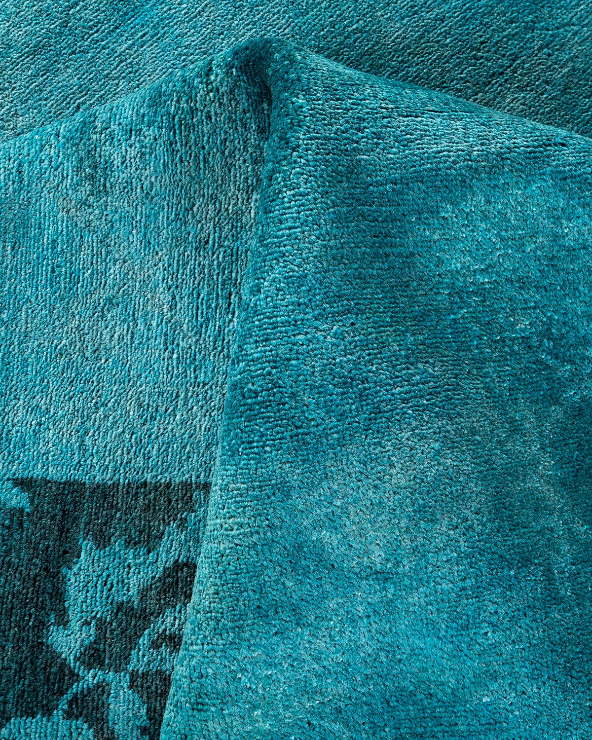 Contemporary Overdyed Hand Knotted Wool Blue Area Rug For Sale 3