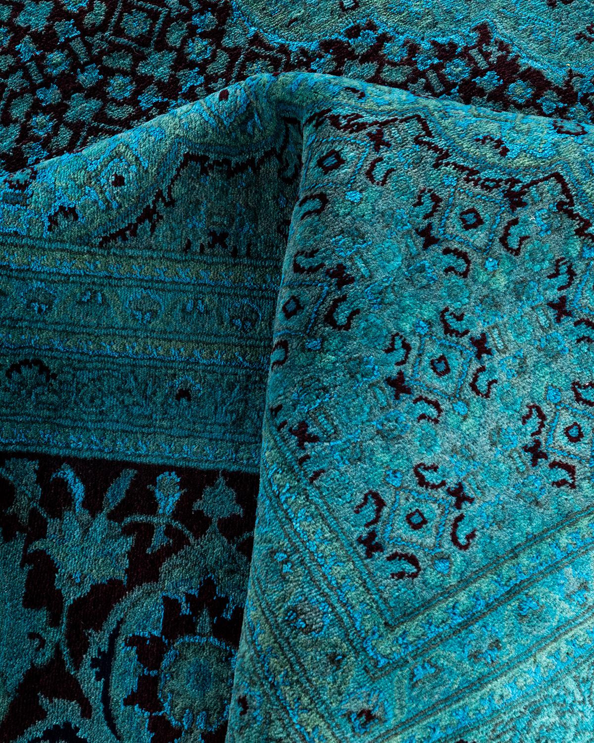 Contemporary Overdyed Hand Knotted Wool Blue Area Rug For Sale 3