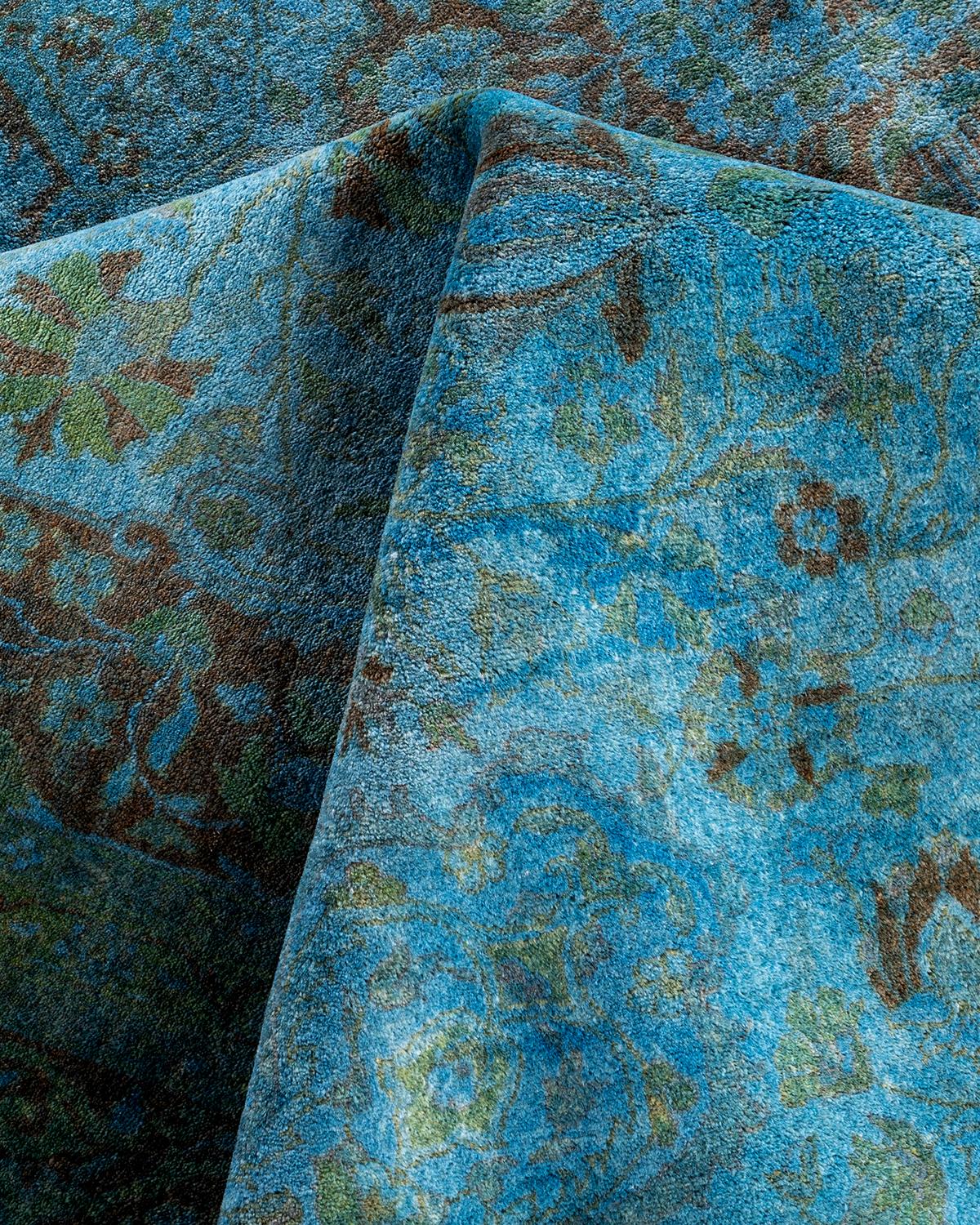 Contemporary Overdyed Hand Knotted Wool Blue Area Rug For Sale 3