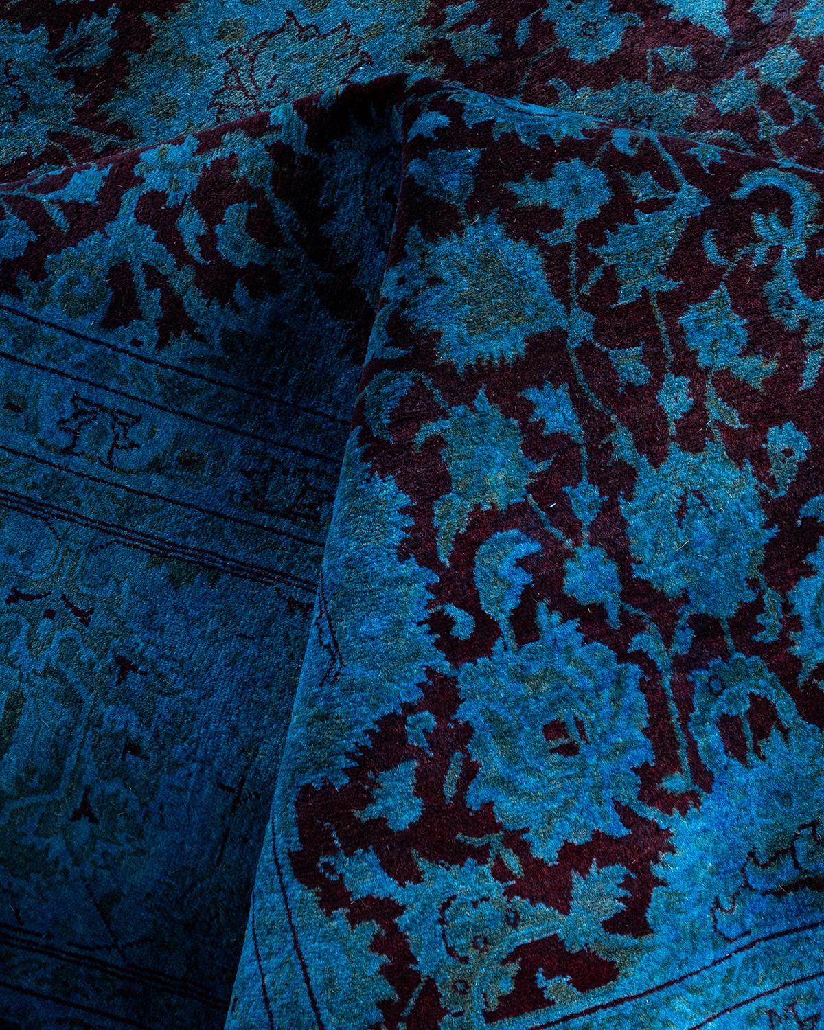 Contemporary Overdyed Hand Knotted Wool Blue Area Rug For Sale 3
