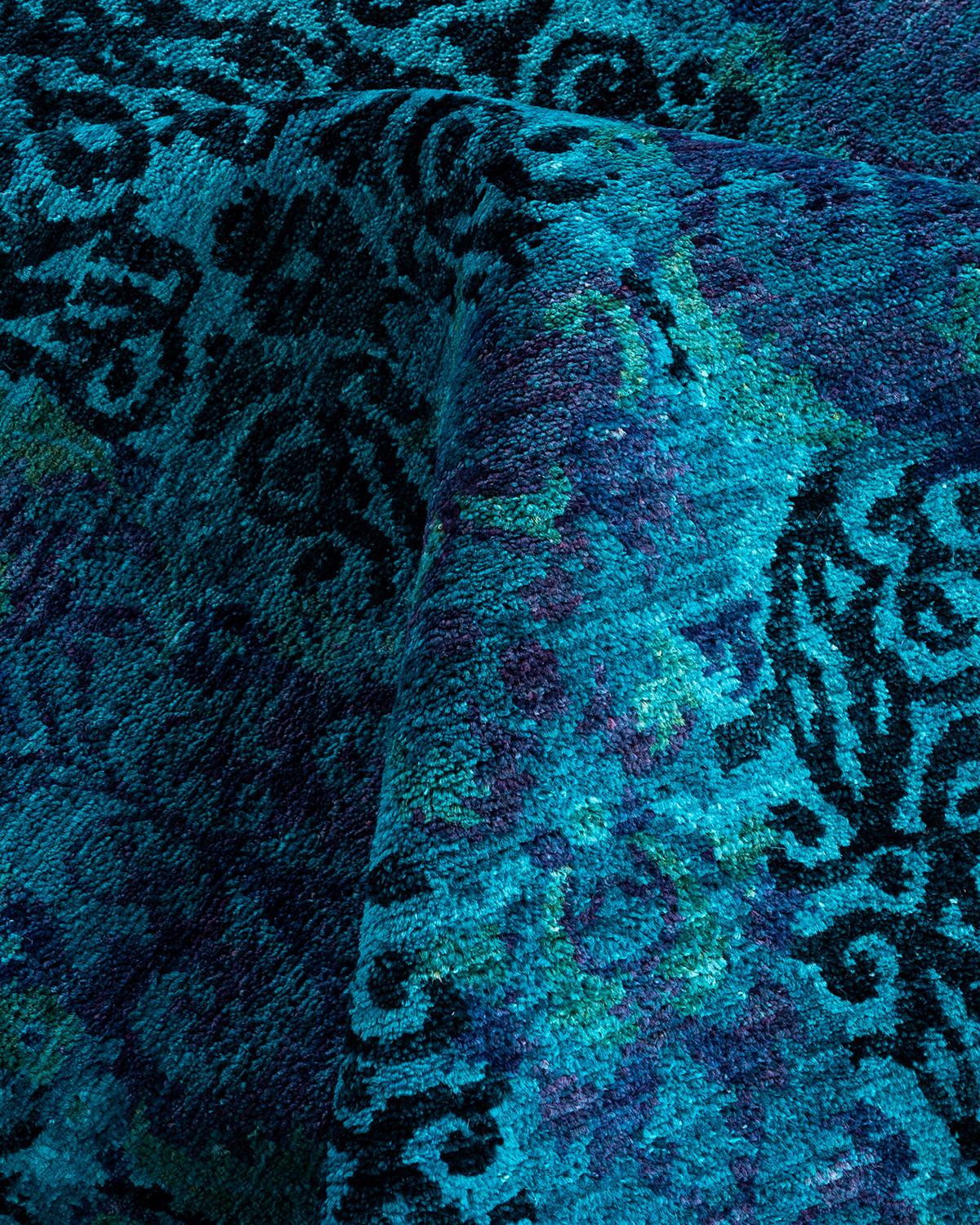 Tapis de sol contemporain en laine surteinte nouée à la main, bleu en vente 1