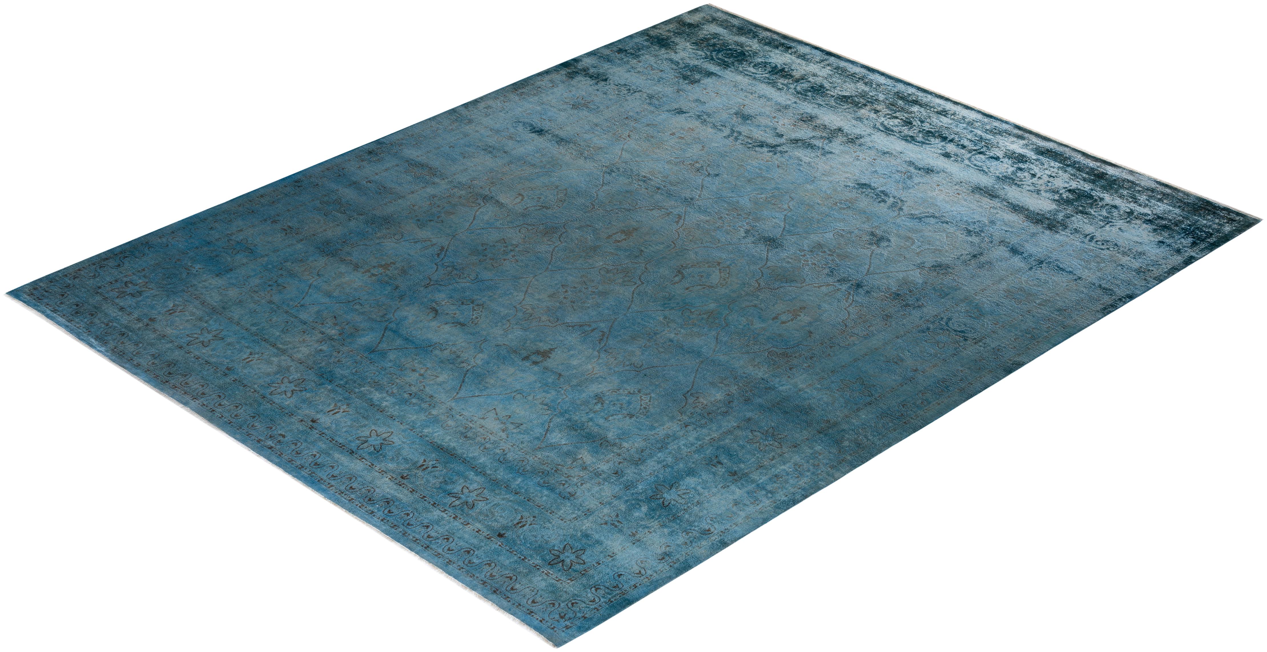 Contemporary Overdyed Hand Knotted Wool Blue Area Rug For Sale 4