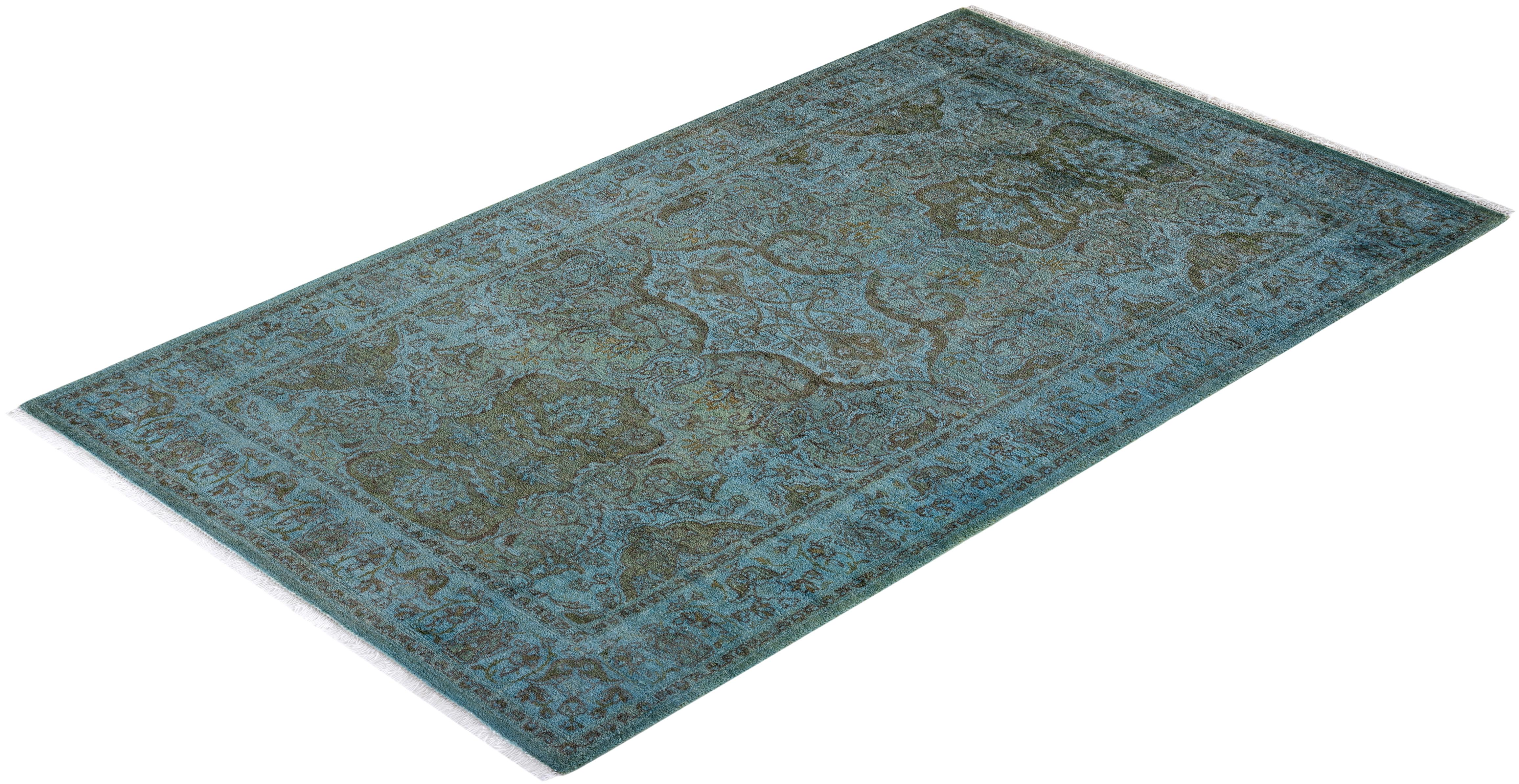 Contemporary Overdyed Hand Knotted Wool Blue Area Rug For Sale 4