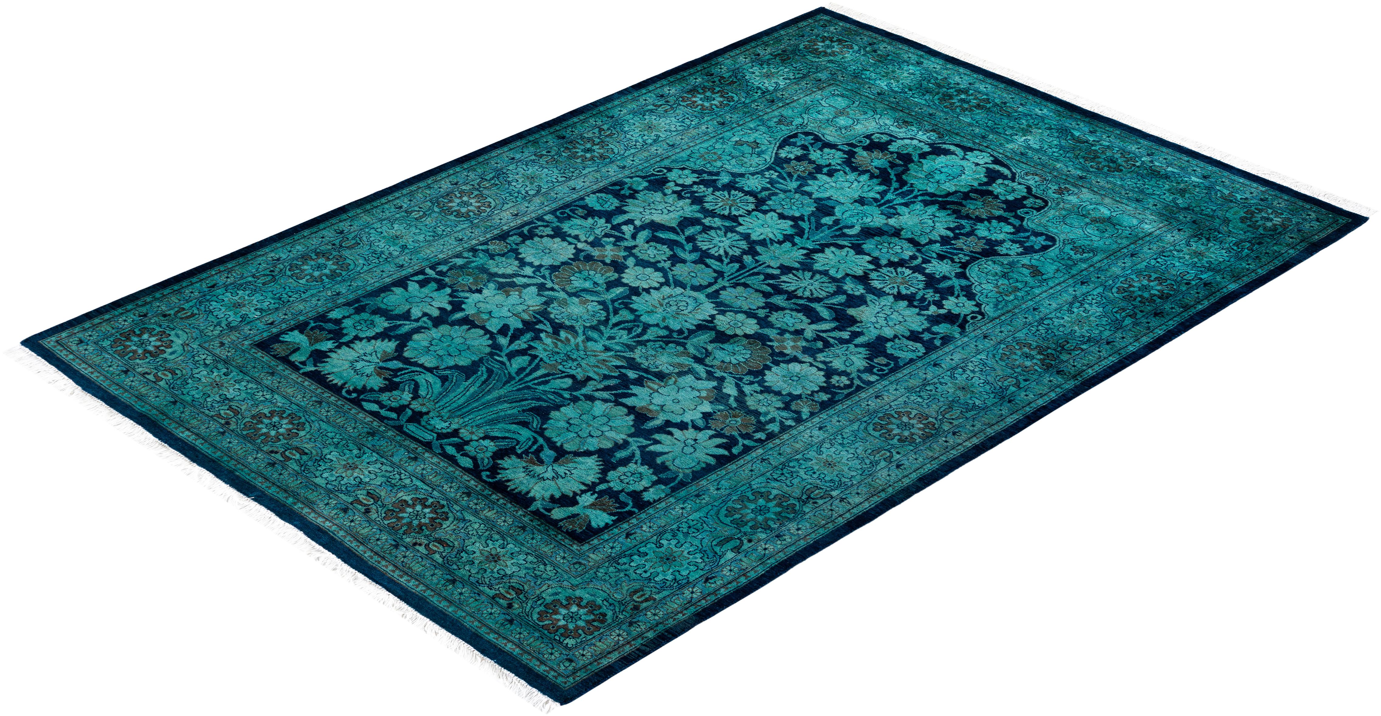 Contemporary Overdyed Hand Knotted Wool Blue Area Rug For Sale 4