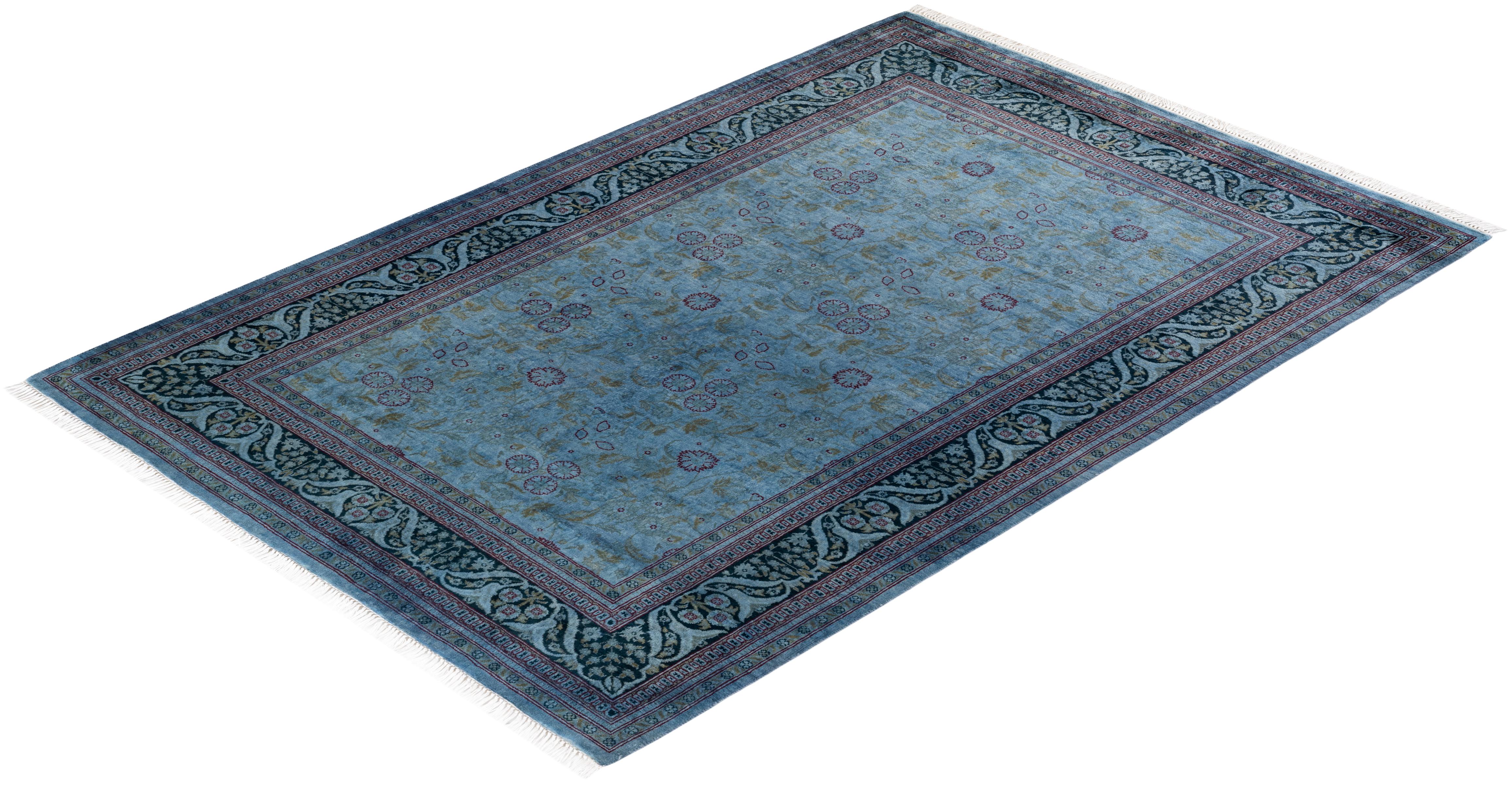 Contemporary Overdyed Hand Knotted Wool Blue Area Rug For Sale 4