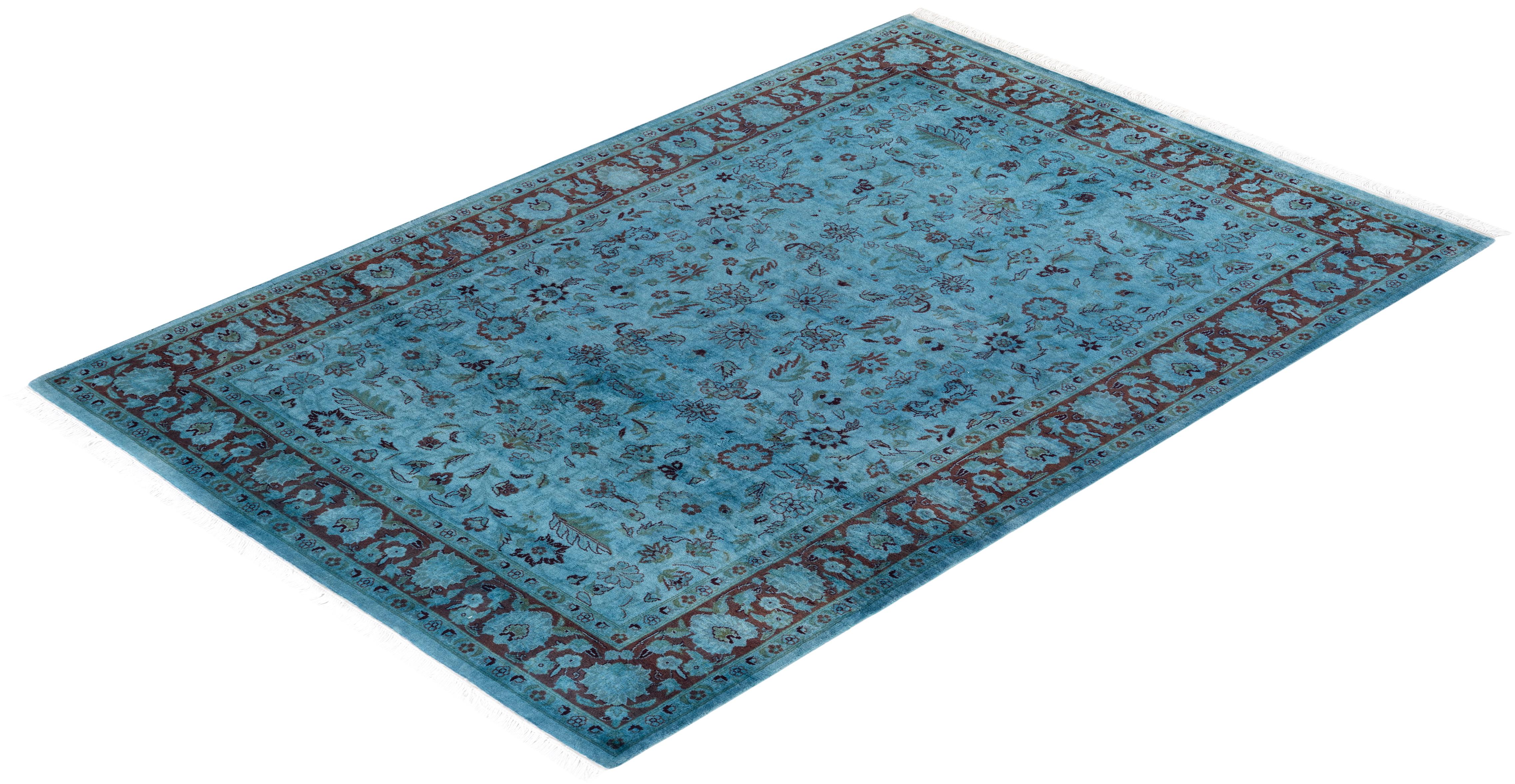 Contemporary Overdyed Hand Knotted Wool Blue Area Rug For Sale 4