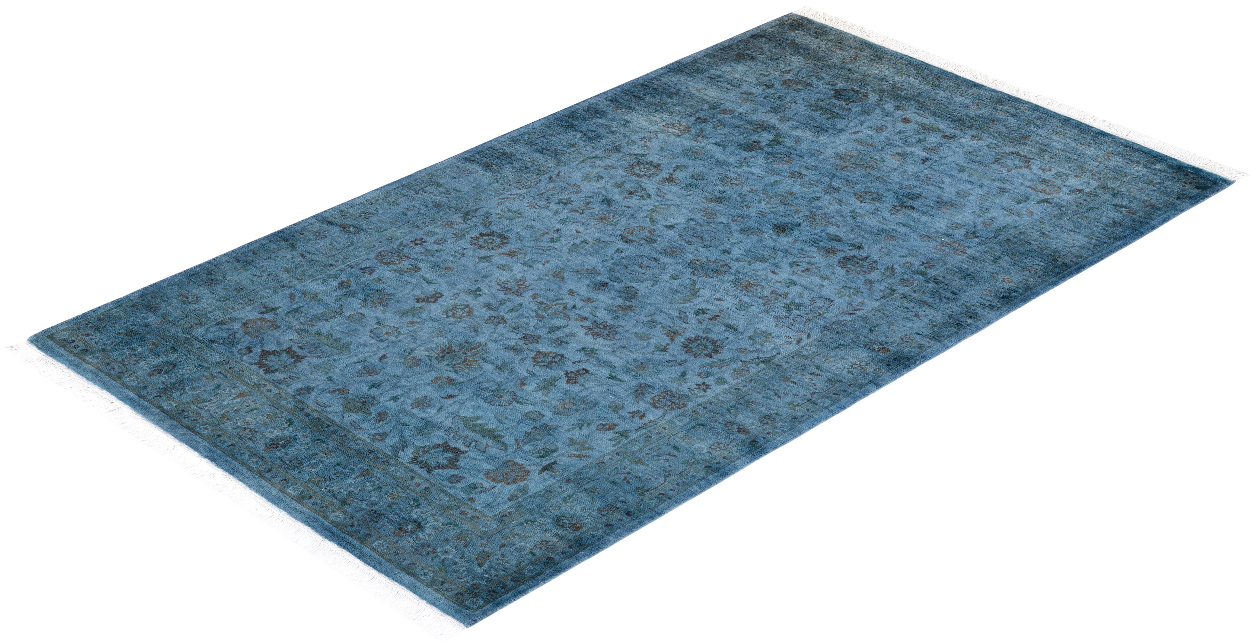 Tapis de sol contemporain en laine surteinte nouée à la main, bleu en vente 2