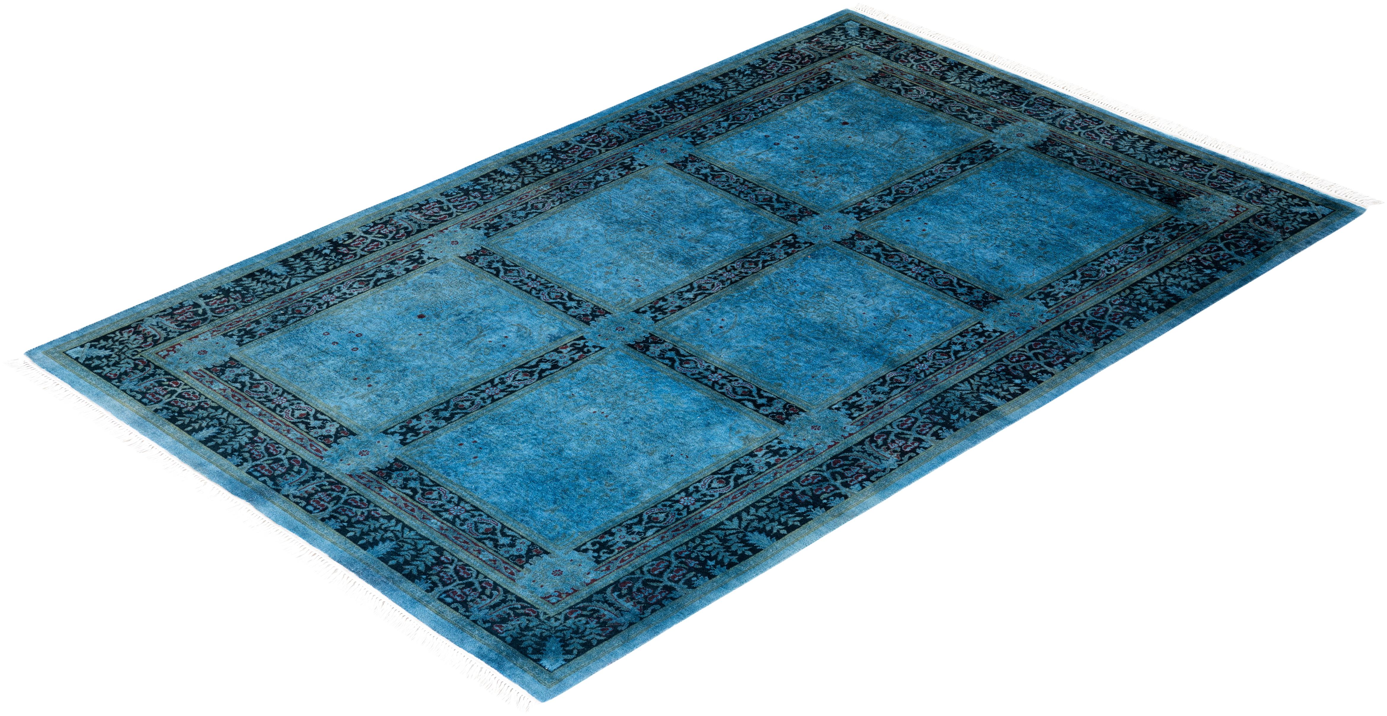 Tappeto contemporaneo in lana sovratinta annodata a mano di colore blu in vendita 2
