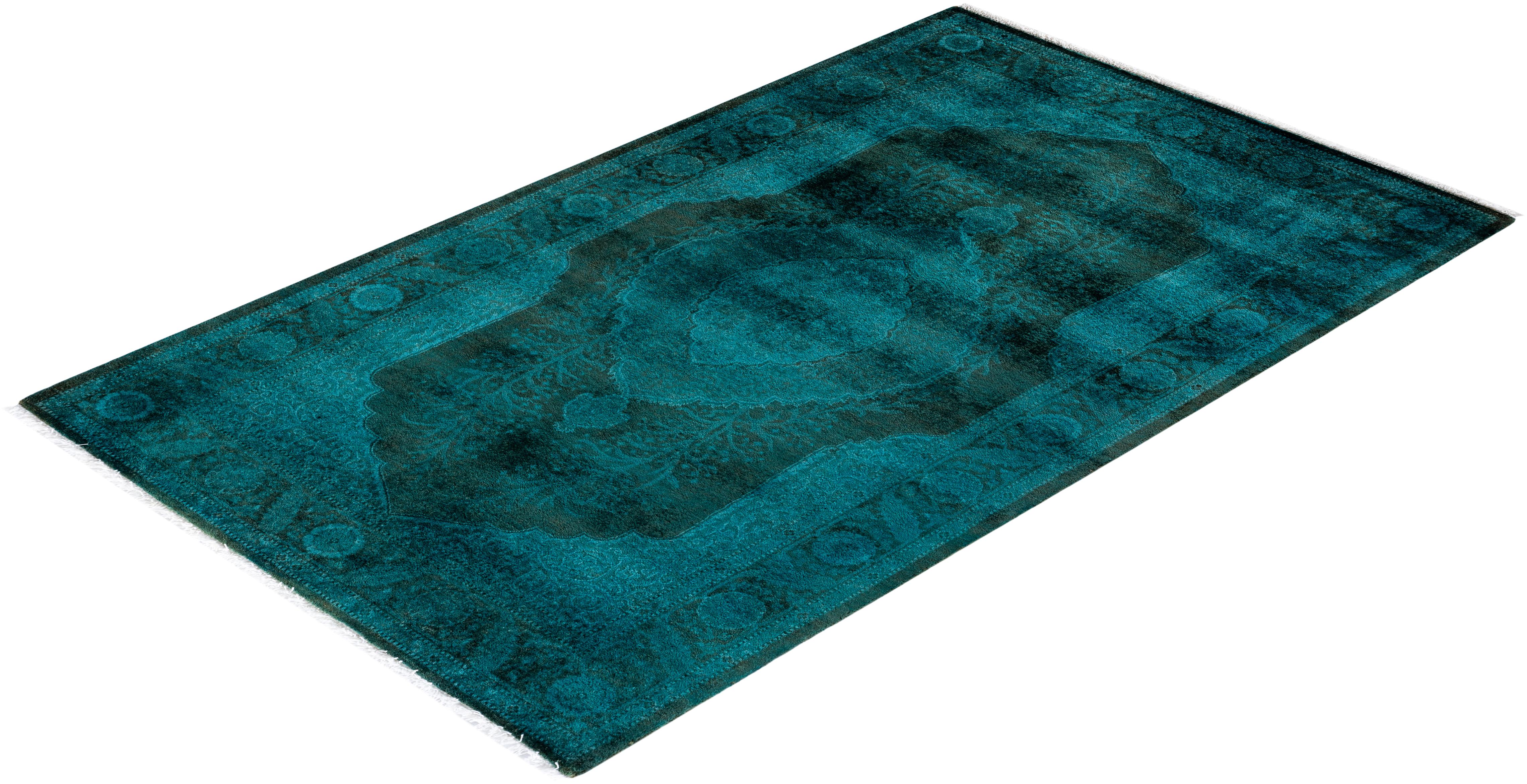 Contemporary Overdyed Hand Knotted Wool Blue Area Rug For Sale 4