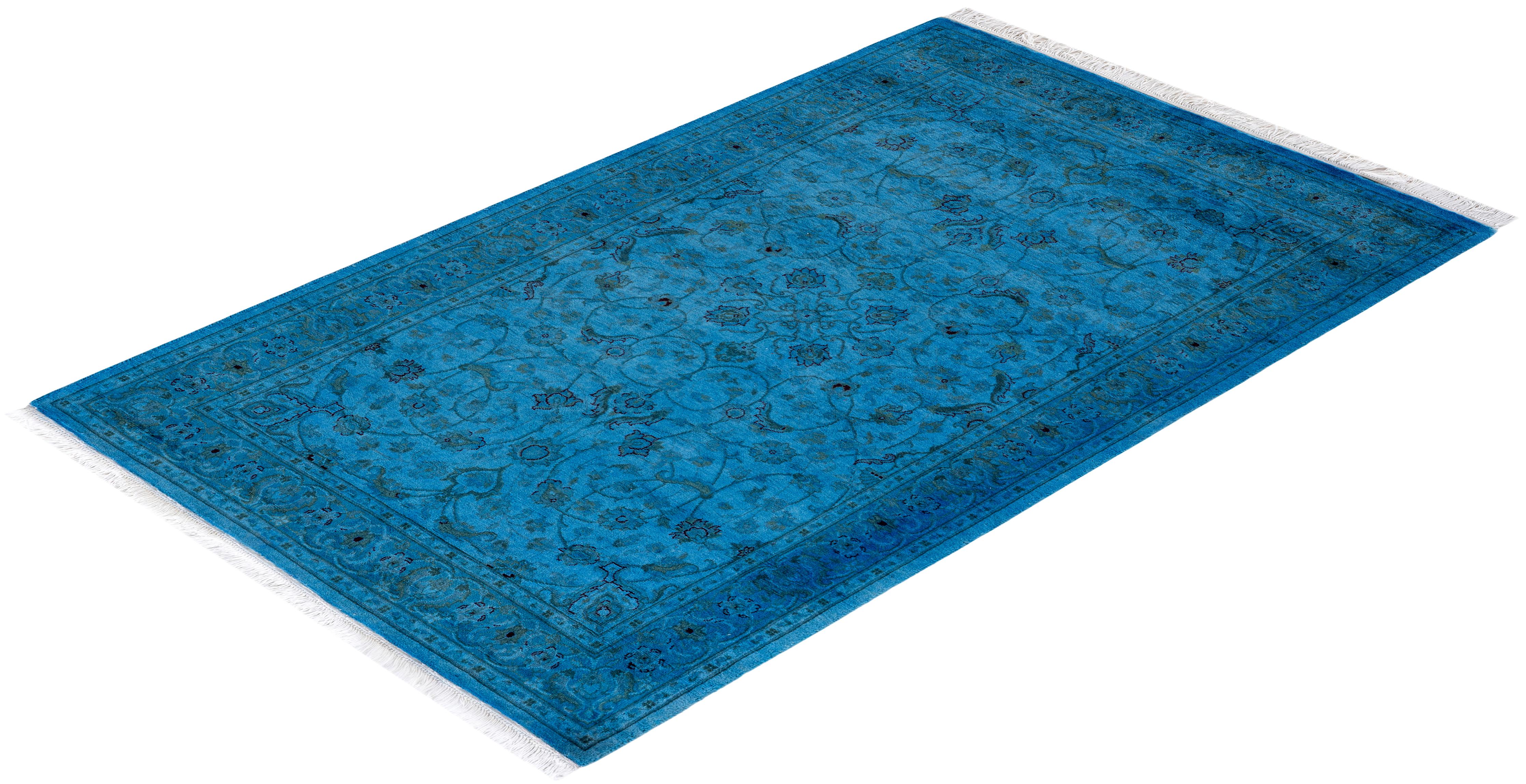 Tappeto contemporaneo in lana sovratinta annodata a mano di colore blu in vendita 2