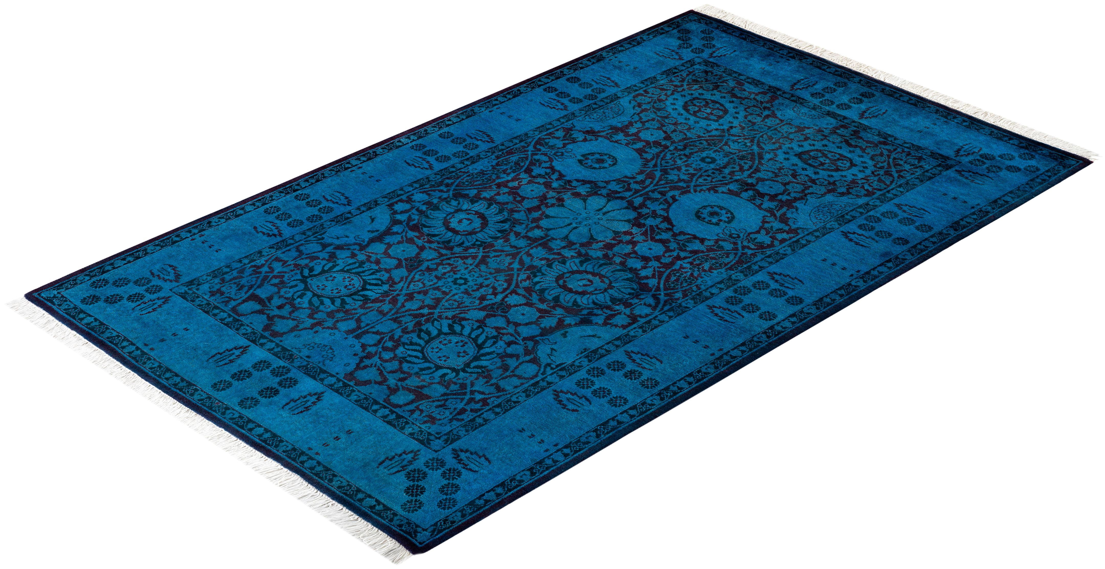 Contemporary Overdyed Hand Knotted Wool Blue Area Rug im Angebot 2