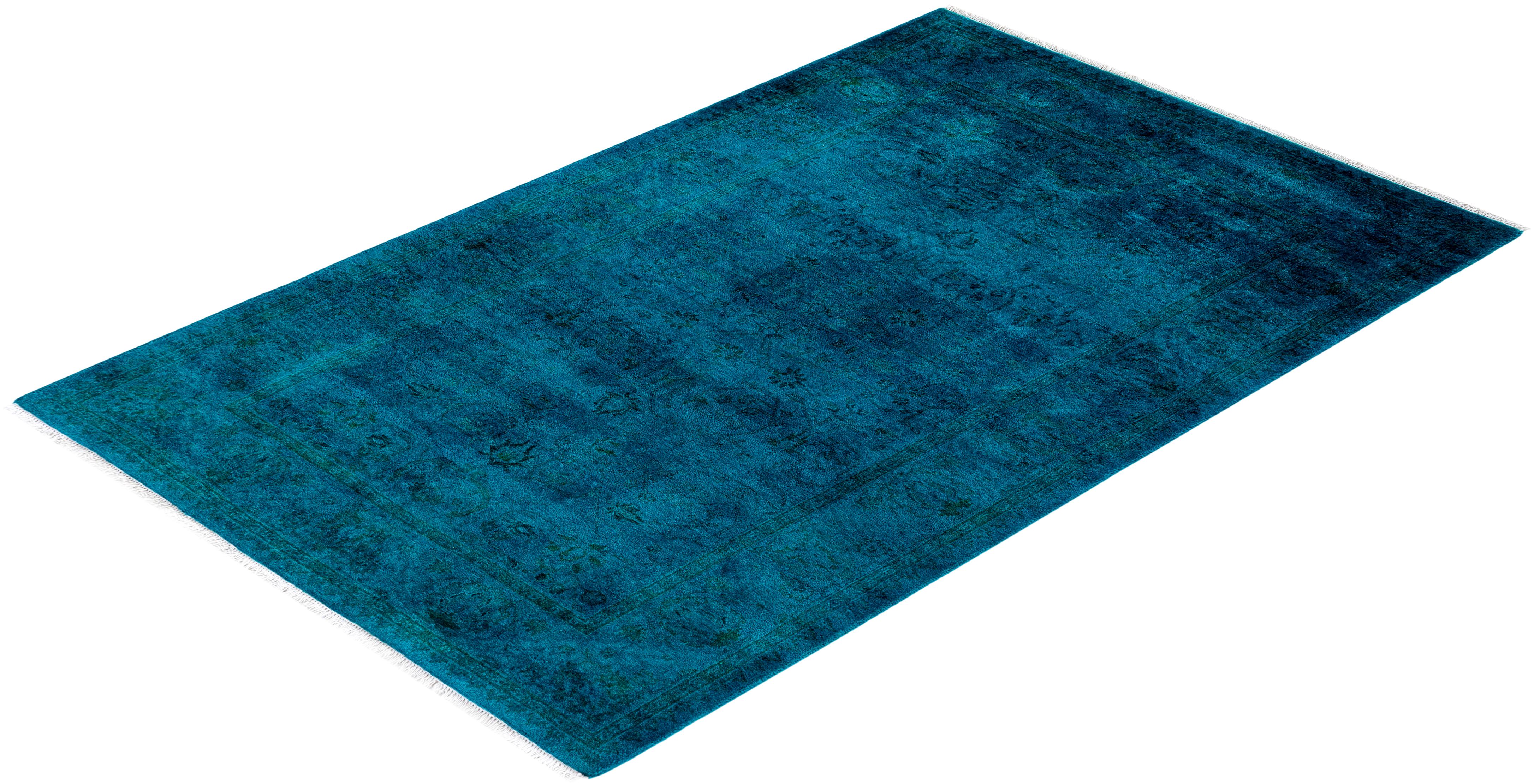 Contemporary Overdyed Hand Knotted Wool Blue Area Rug For Sale 4