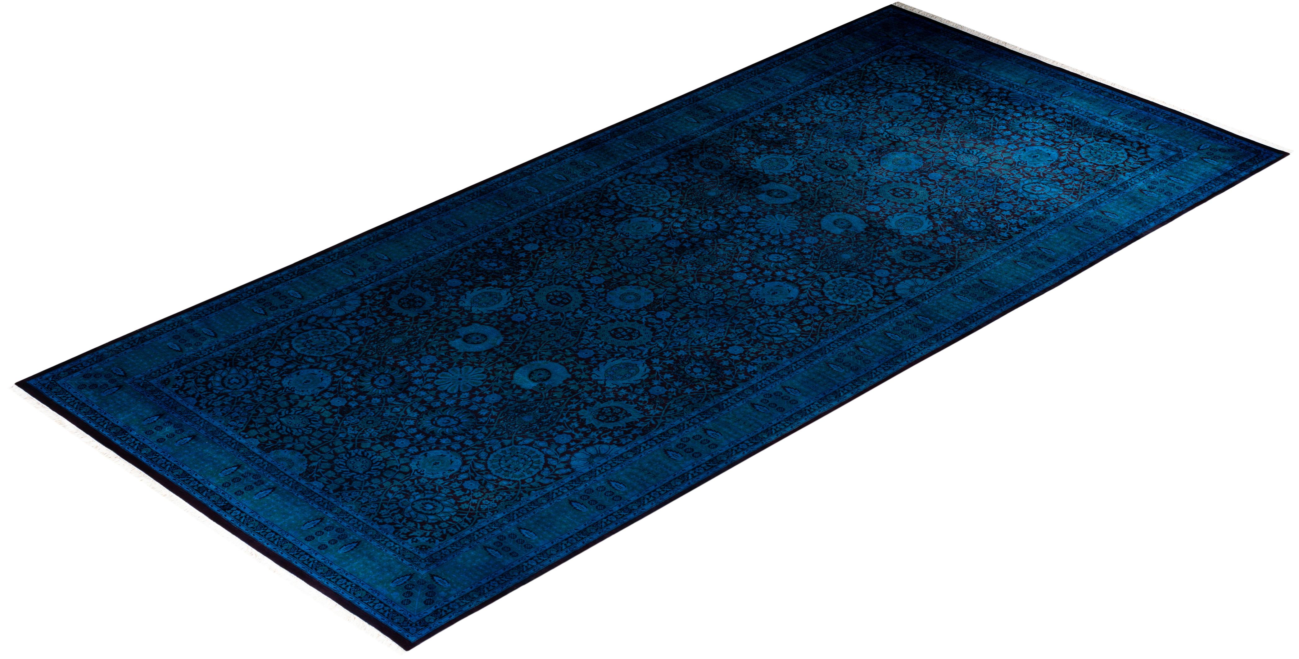 Contemporary Overdyed Hand Knotted Wool Blue Area Rug For Sale 4