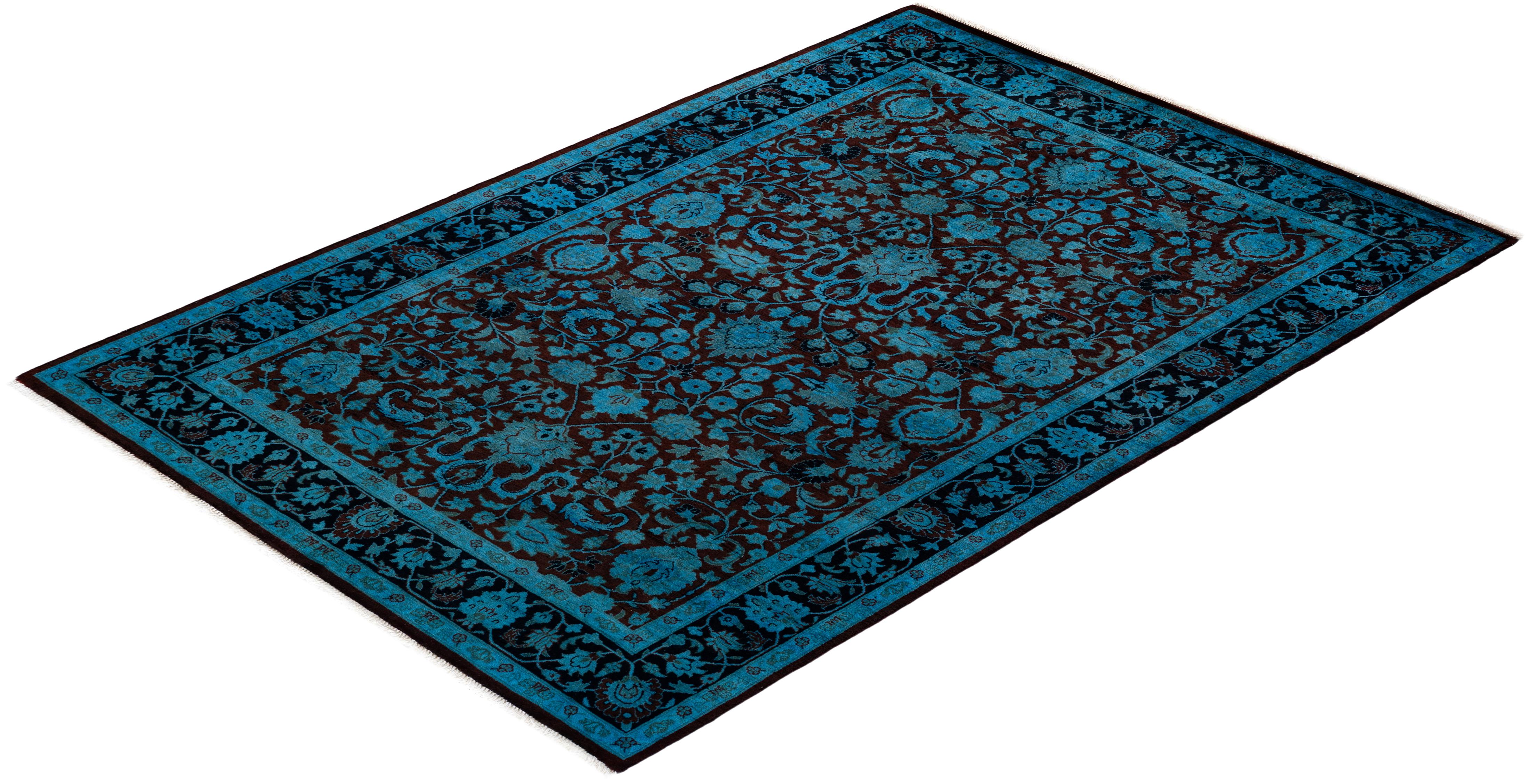 Contemporary Overdyed Hand Knotted Wool Blue Area Rug For Sale 4