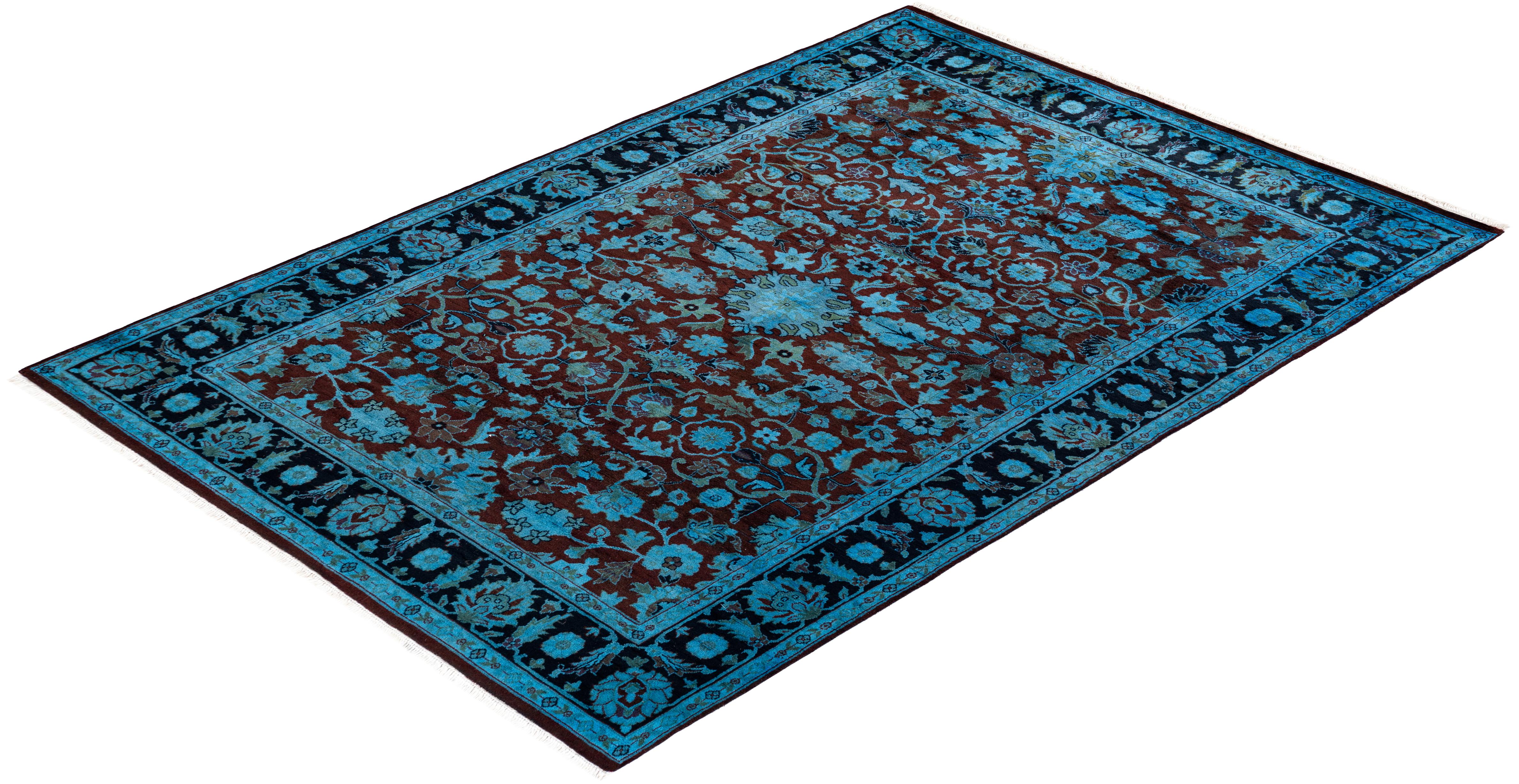 Contemporary Overdyed Hand Knotted Wool Blue Area Rug For Sale 4