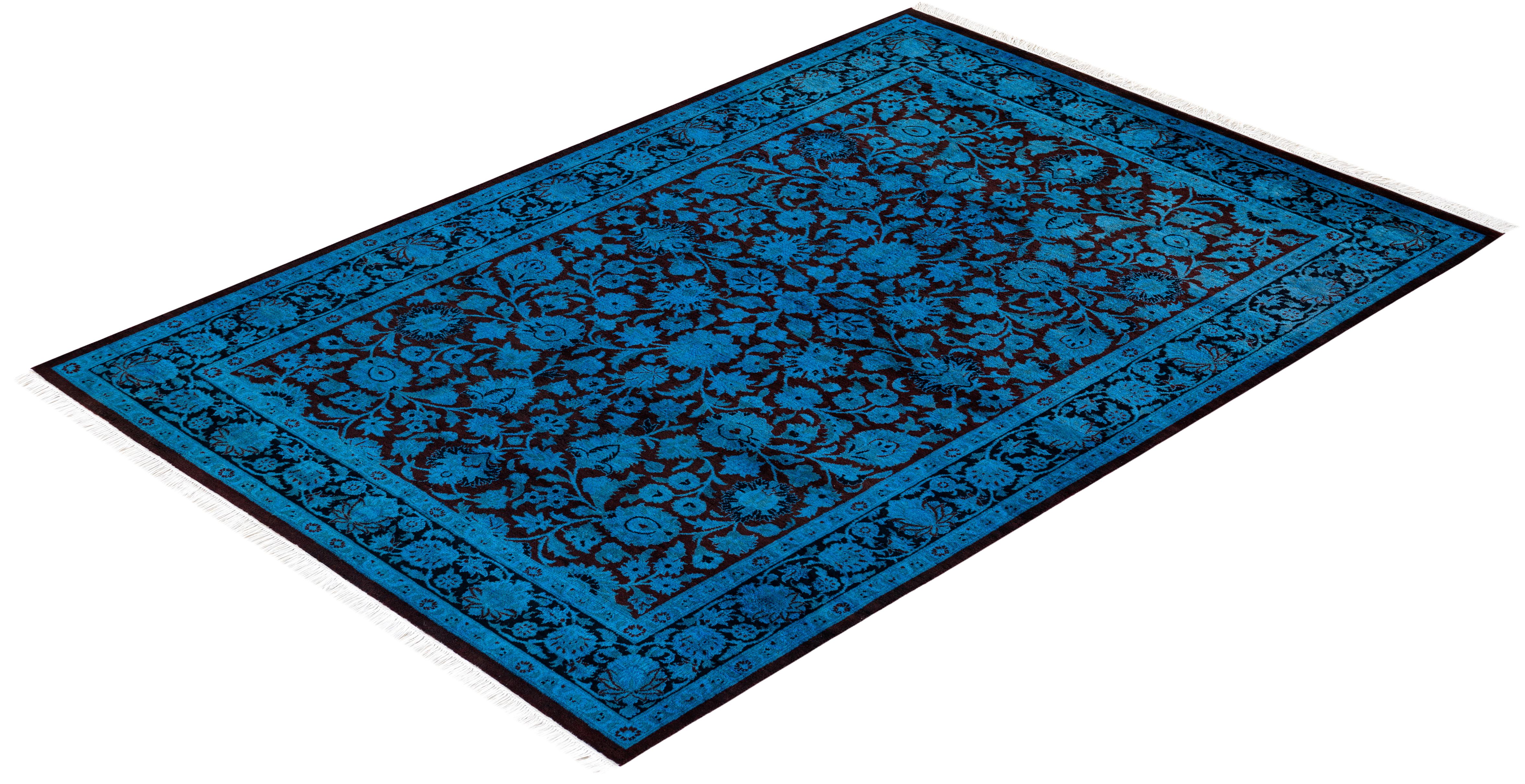 Contemporary Overdyed Hand Knotted Wool Blue Area Rug For Sale 4