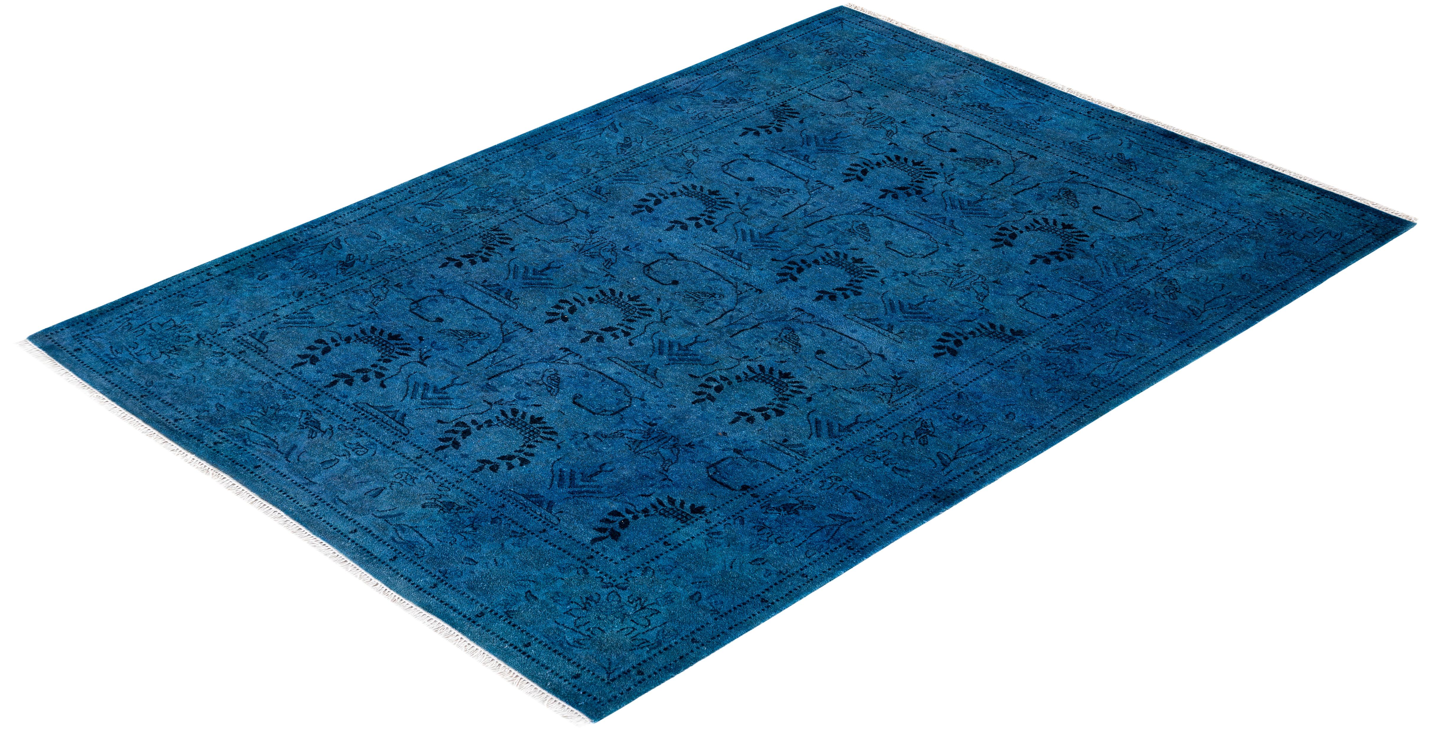 Contemporary Overdyed Hand Knotted Wool Blue Area Rug For Sale 4