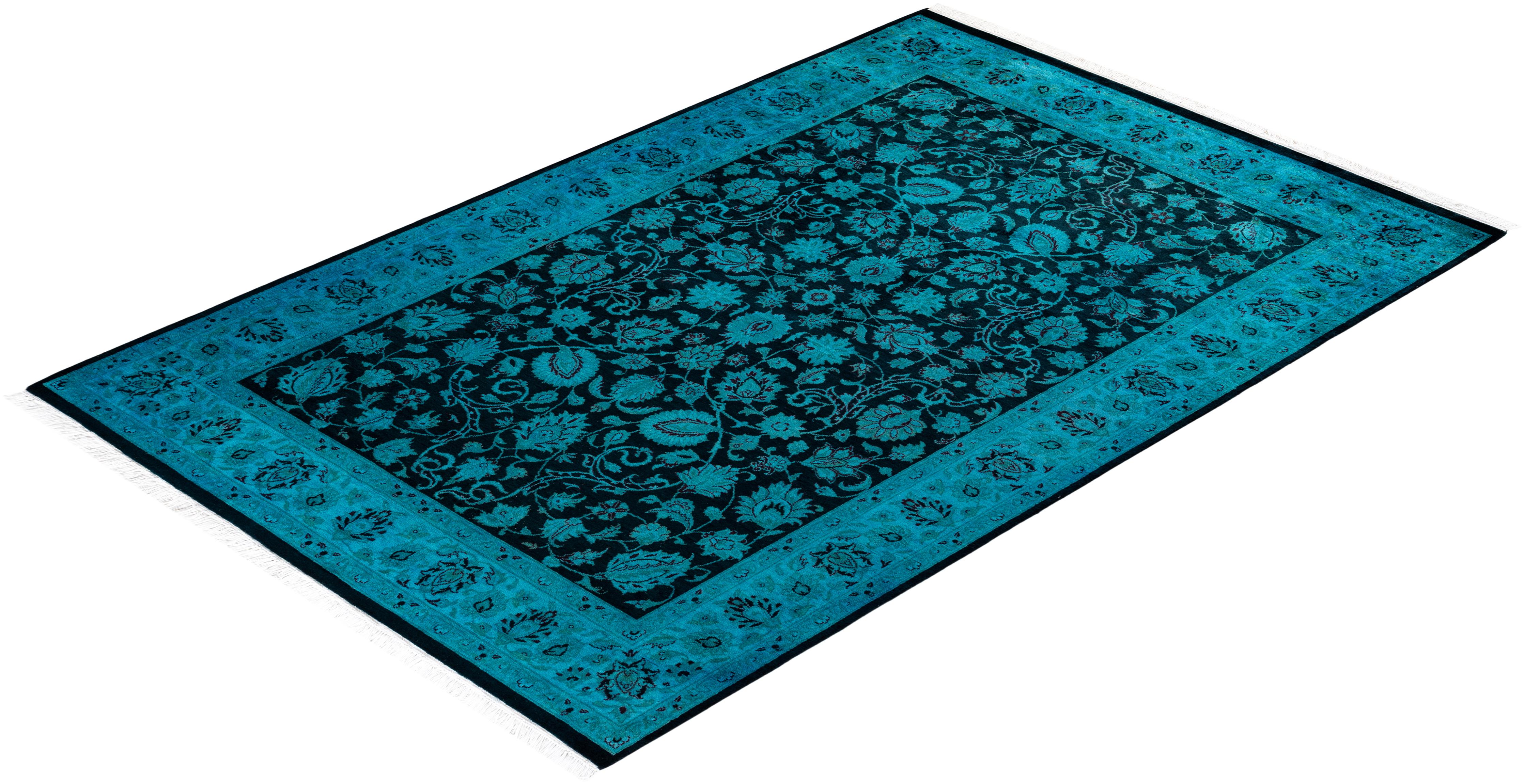 Contemporary Overdyed Hand Knotted Wool Blue Area Rug For Sale 4