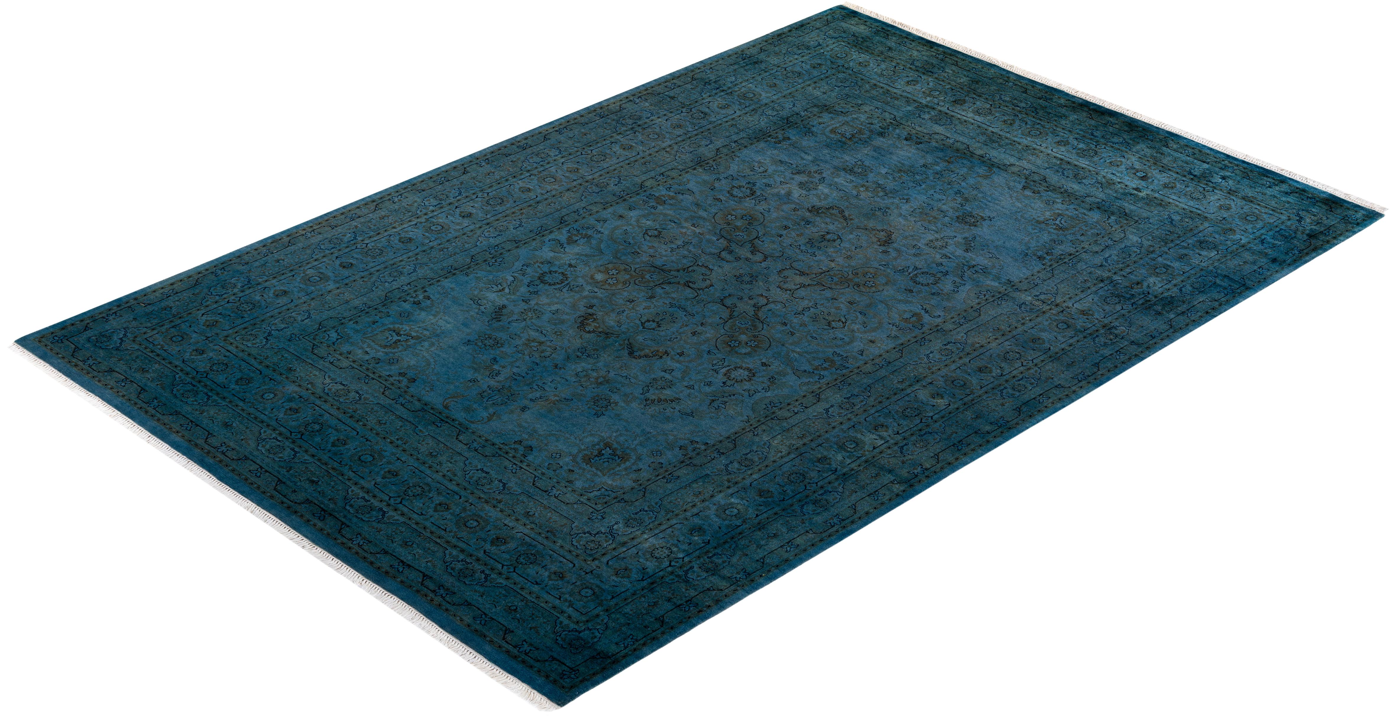 Tappeto contemporaneo in lana sovratinta annodata a mano di colore blu in vendita 2