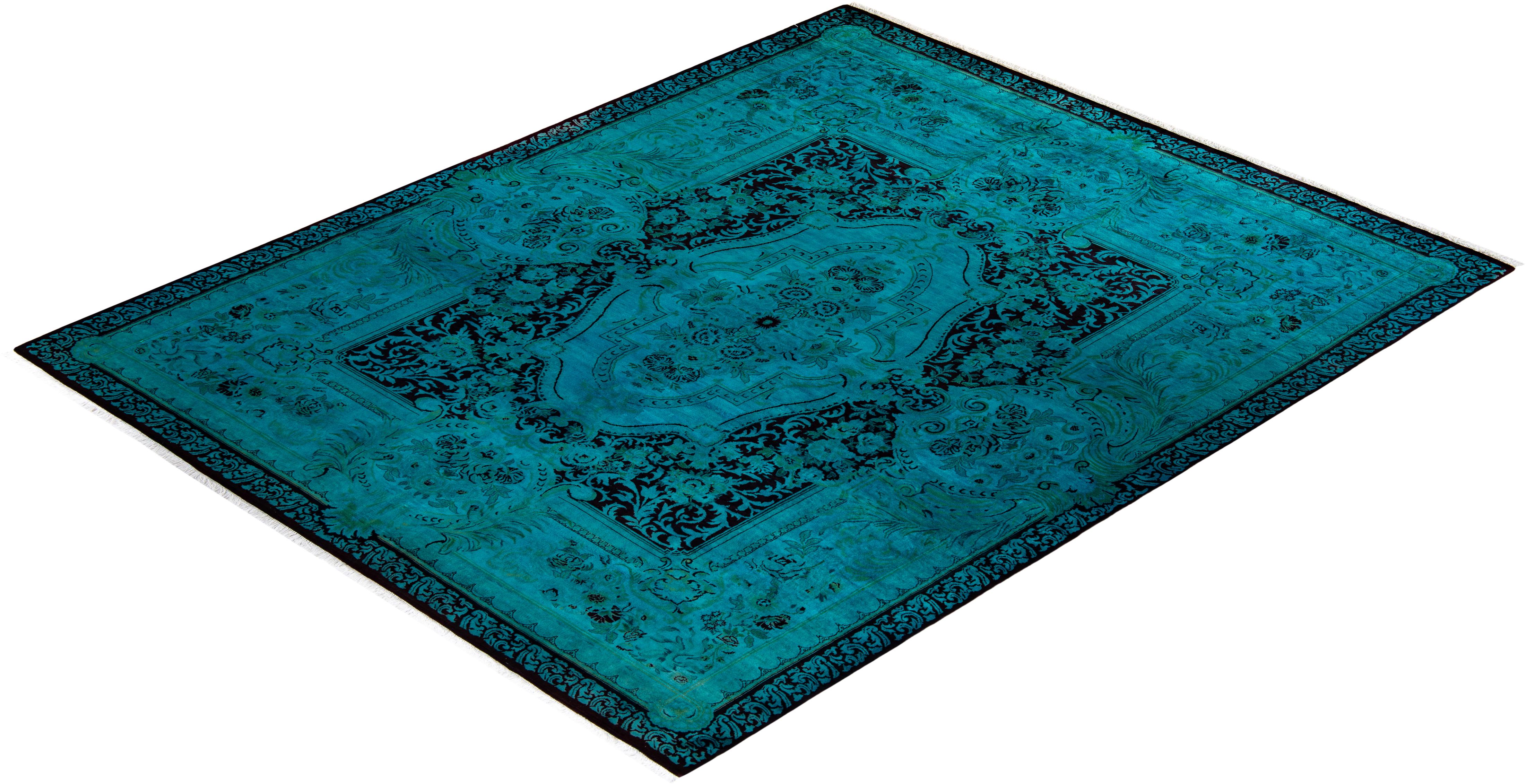 Tappeto contemporaneo in lana sovratinta annodata a mano di colore blu in vendita 2