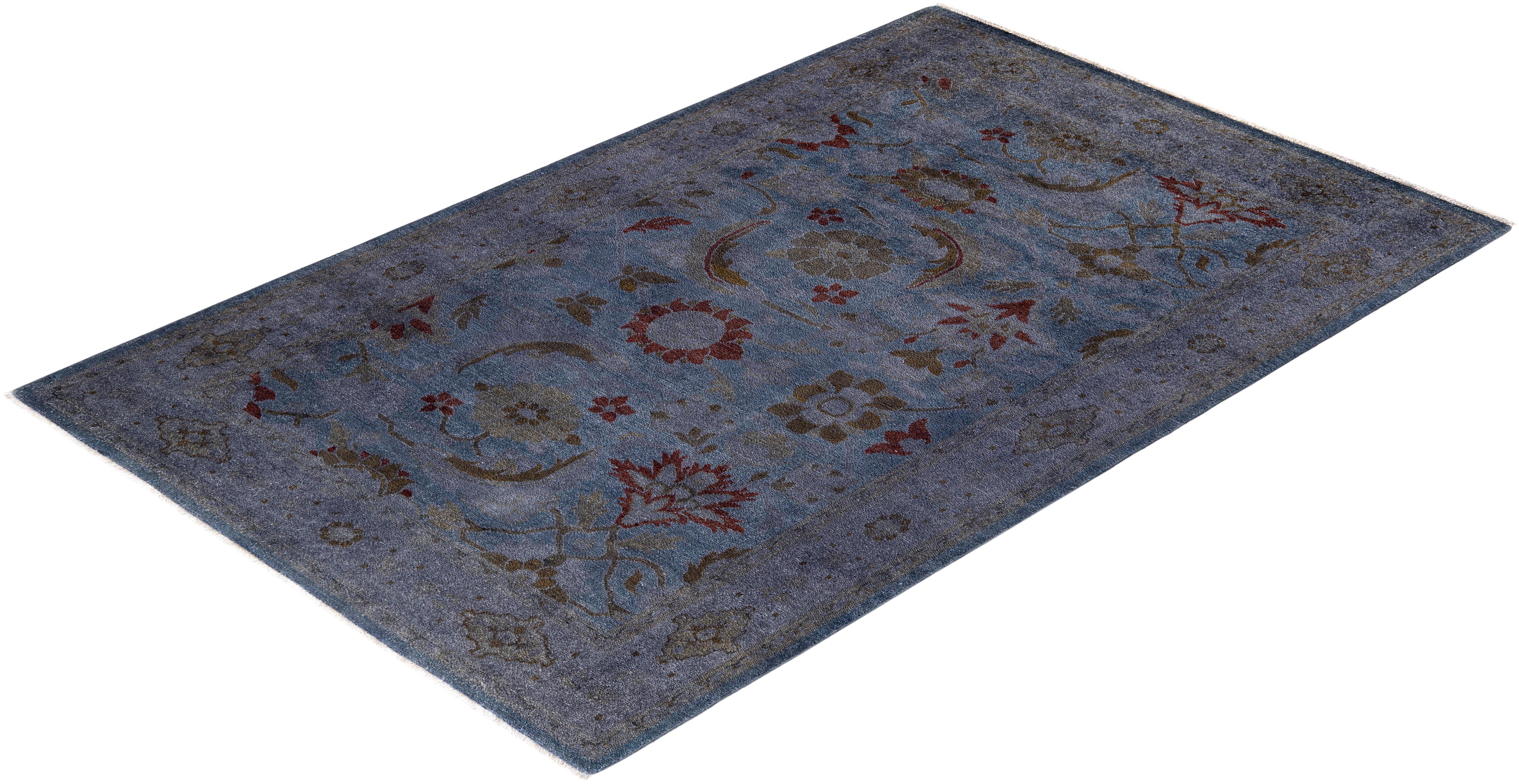 Tapis de sol contemporain en laine surteinte nouée à la main, bleu en vente 2