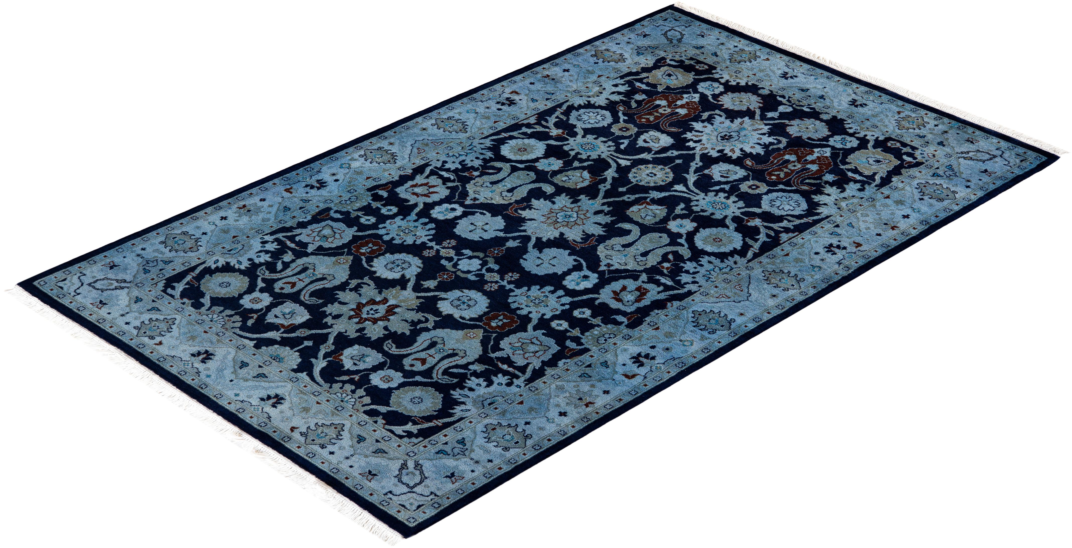 Contemporary Overdyed Hand Knotted Wool Blue Area Rug For Sale 4