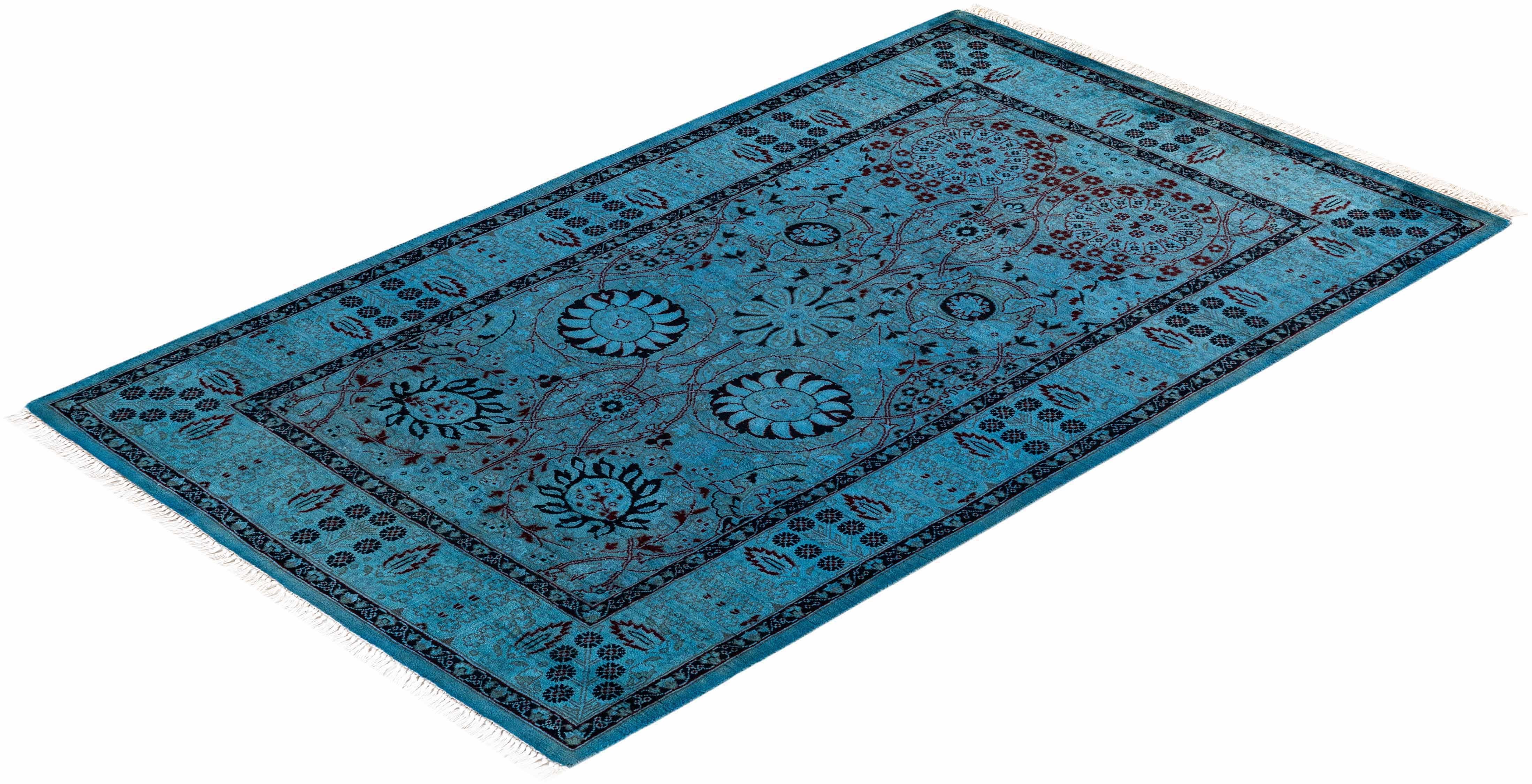Contemporary Overdyed Hand Knotted Wool Blue Area Rug For Sale 4