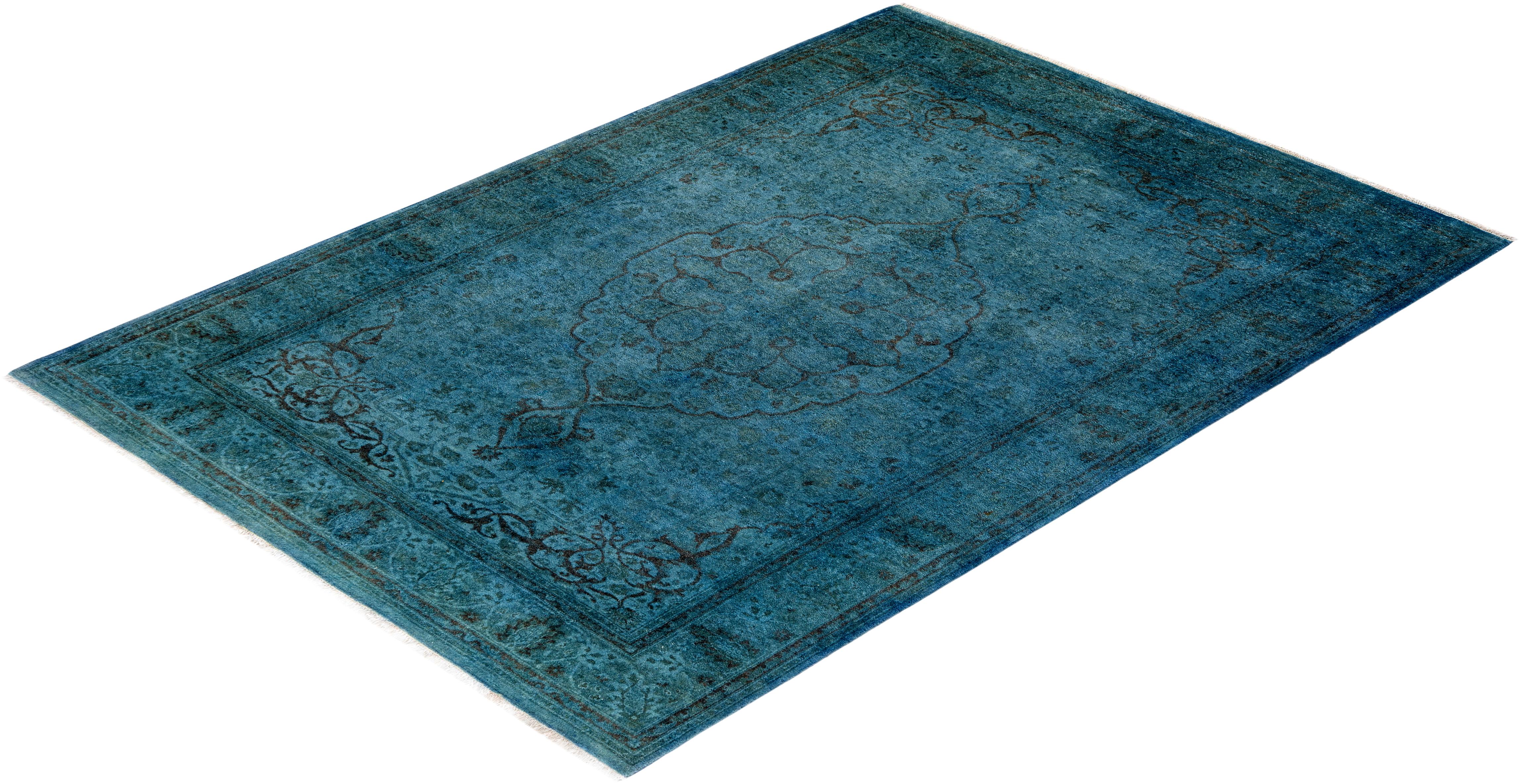 Contemporary Overdyed Hand Knotted Wool Blue Area Rug For Sale 4