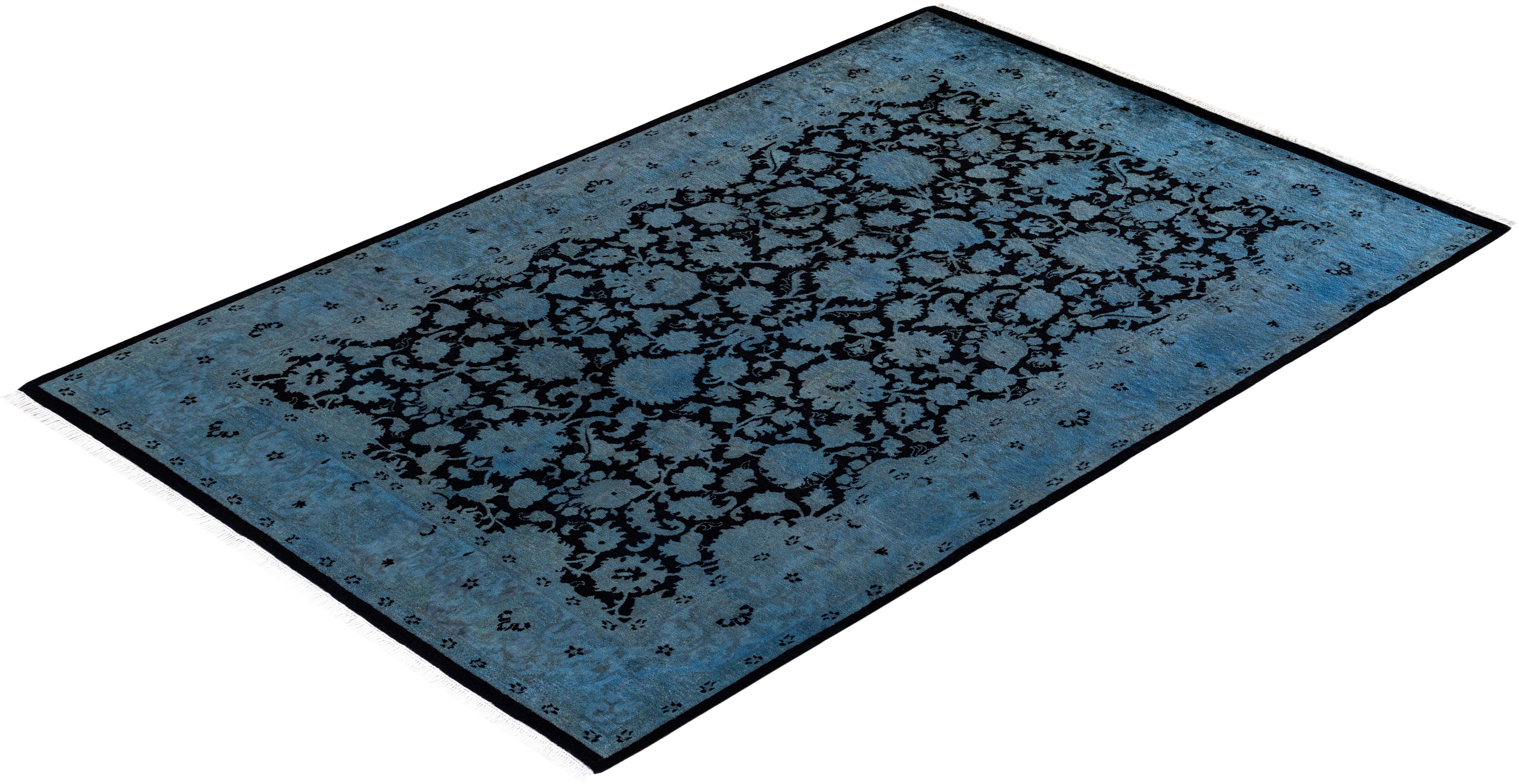 Tapis de sol contemporain en laine surteinte nouée à la main, bleu en vente 2