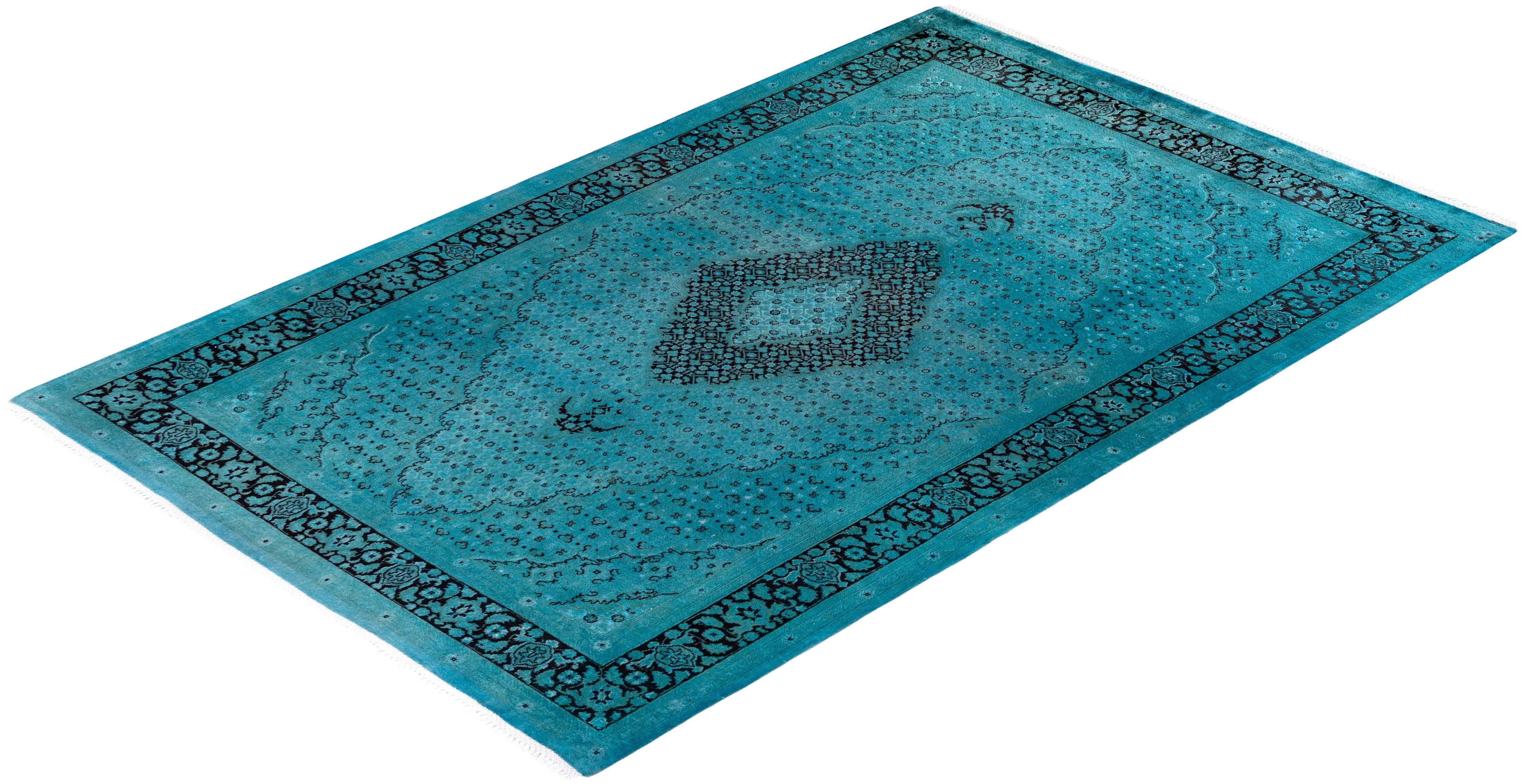 Contemporary Overdyed Hand Knotted Wool Blue Area Rug im Angebot 2