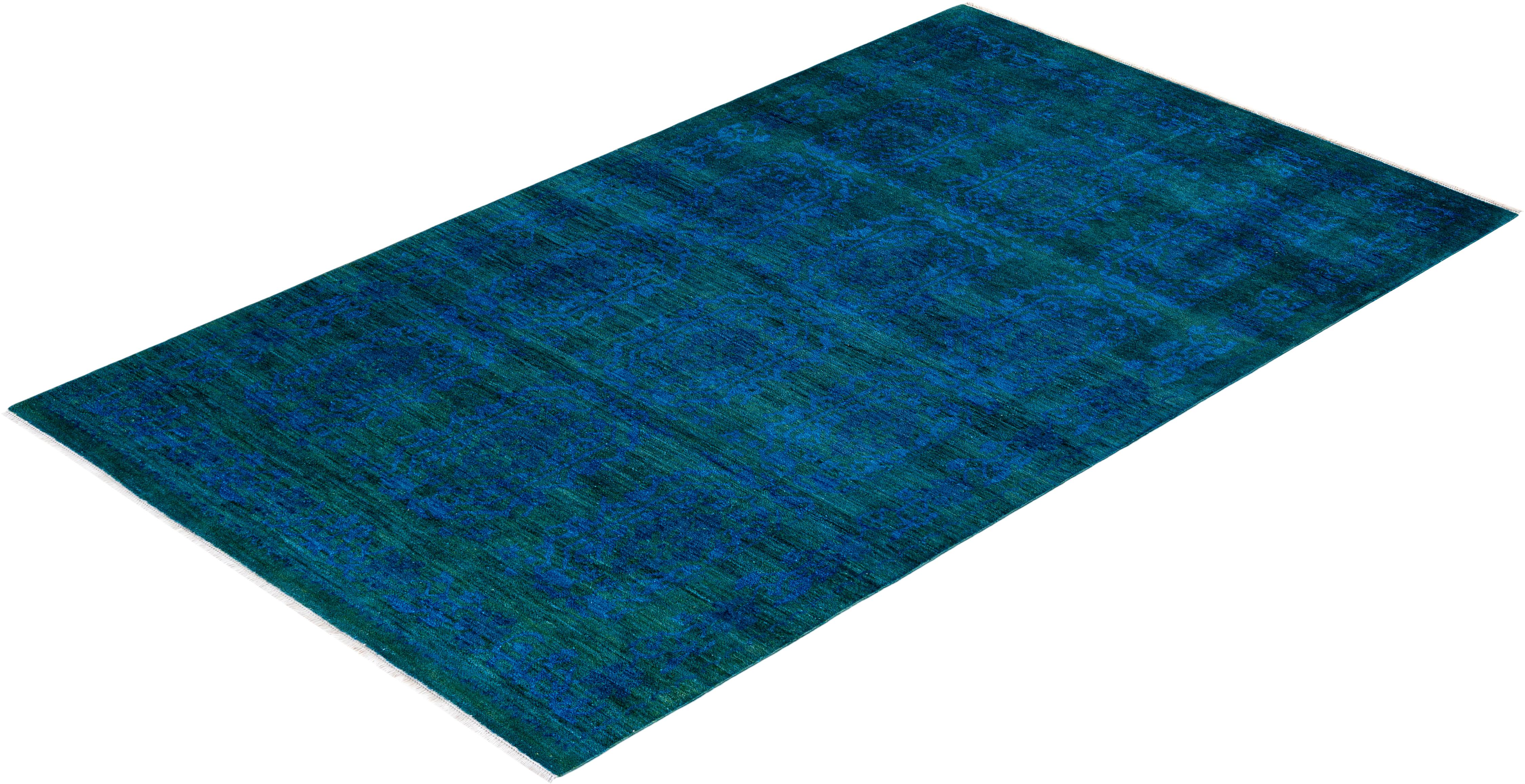 Tapis de sol contemporain en laine surteinte nouée à la main, bleu en vente 2