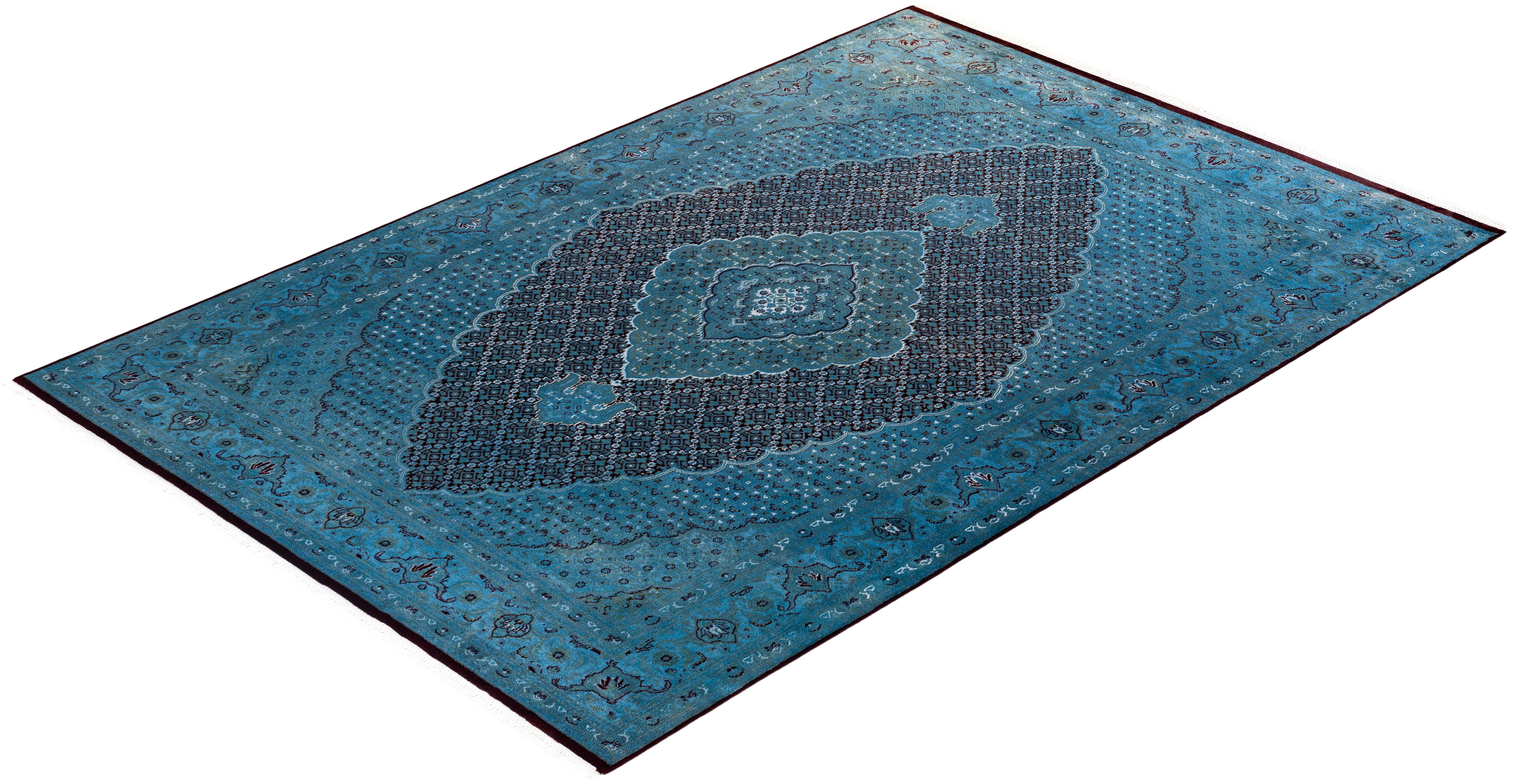 Contemporary Overdyed Hand Knotted Wool Blue Area Rug im Angebot 2