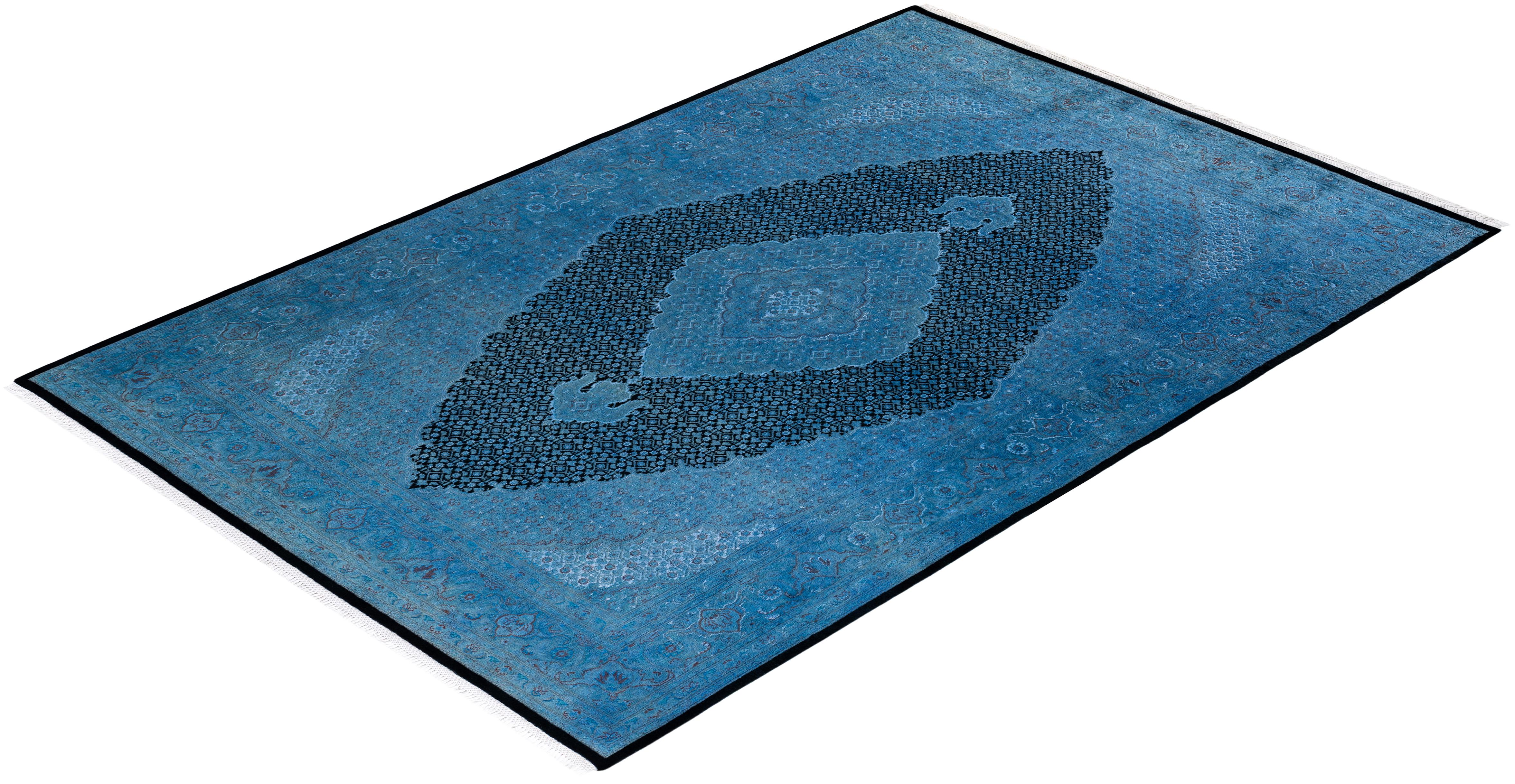 Contemporary Overdyed Hand Knotted Wool Blue Area Rug For Sale 4