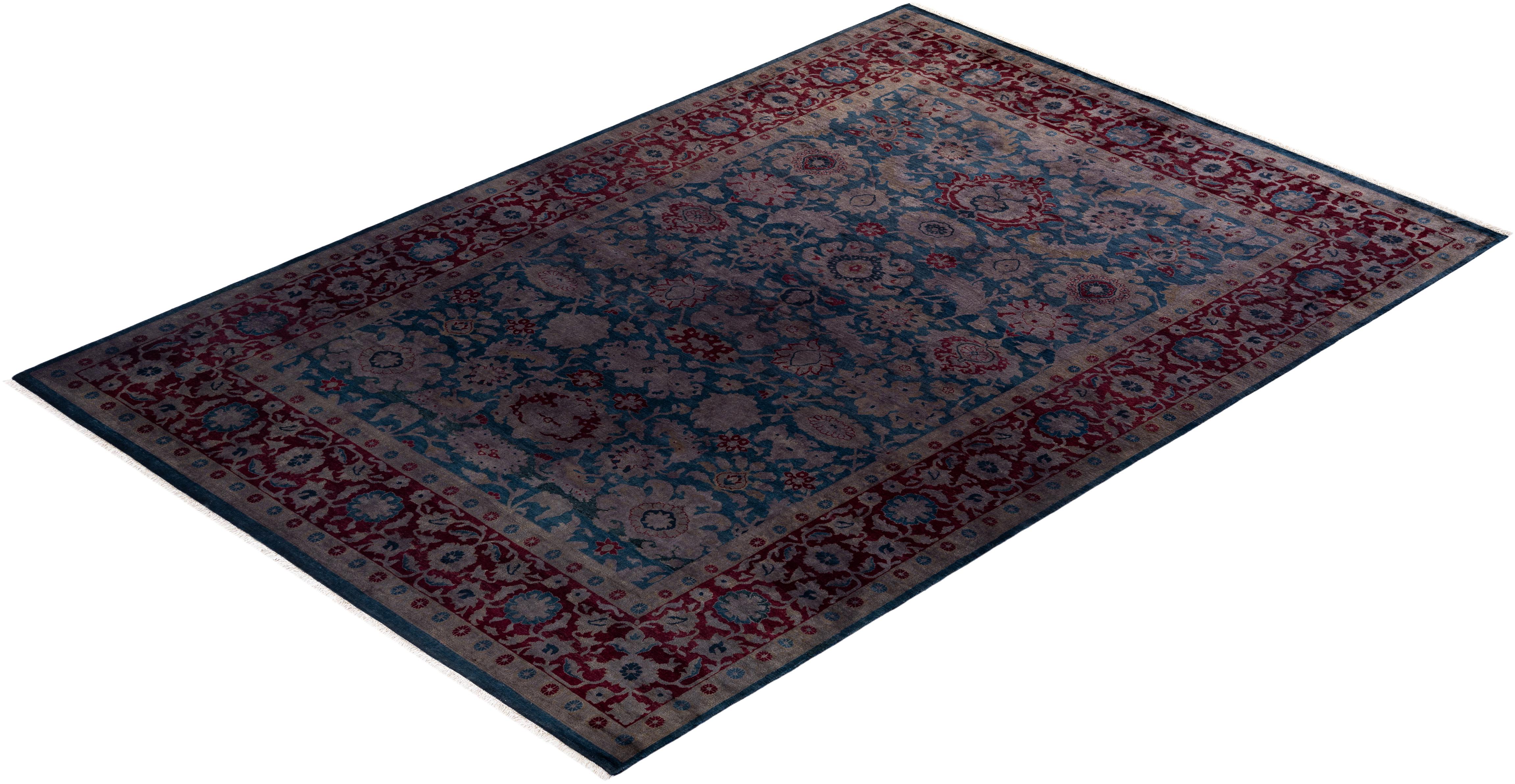 Contemporary Overdyed Hand Knotted Wool Blue Area Rug For Sale 4