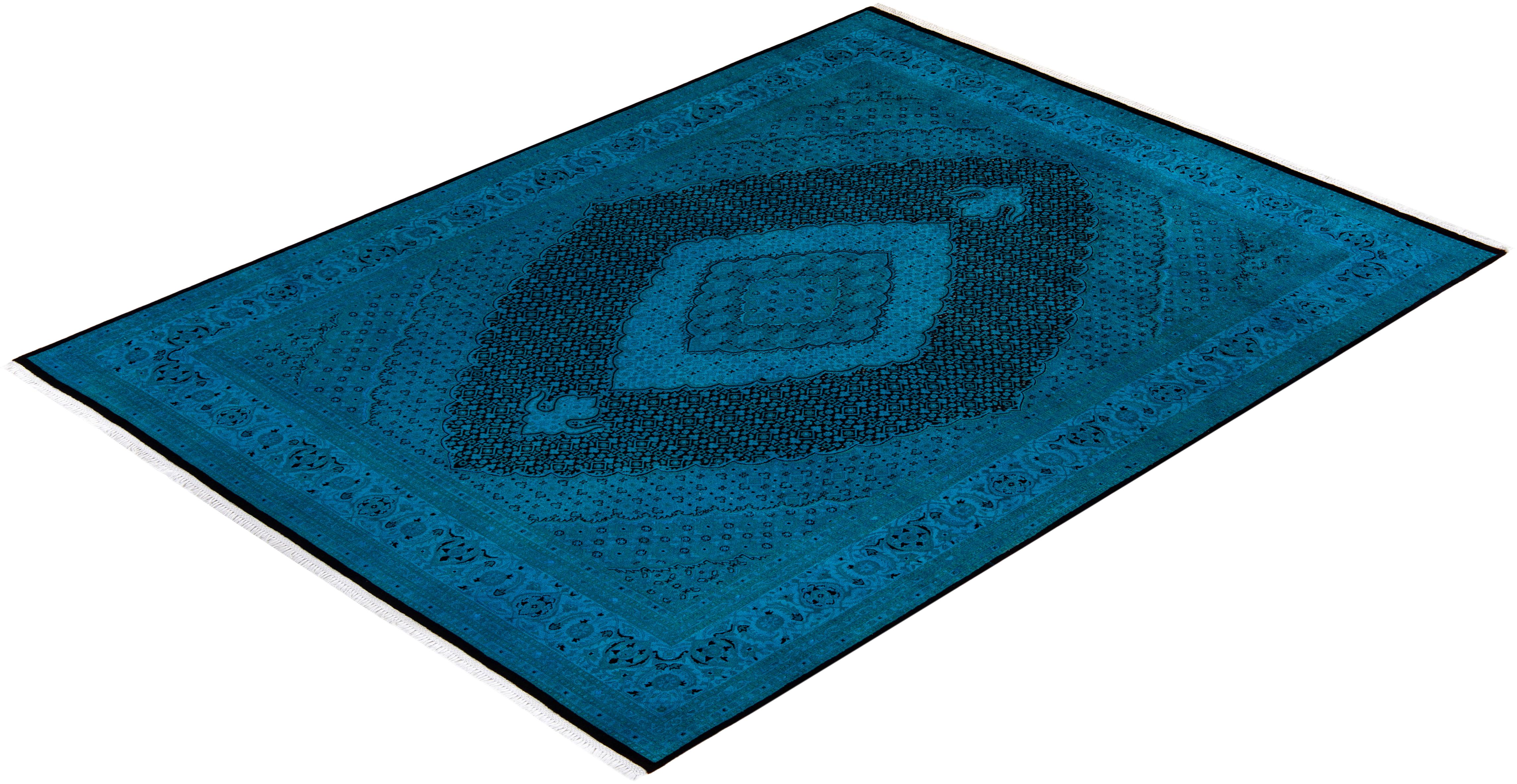 Contemporary Overdyed Hand Knotted Wool Blue Area Rug im Angebot 2