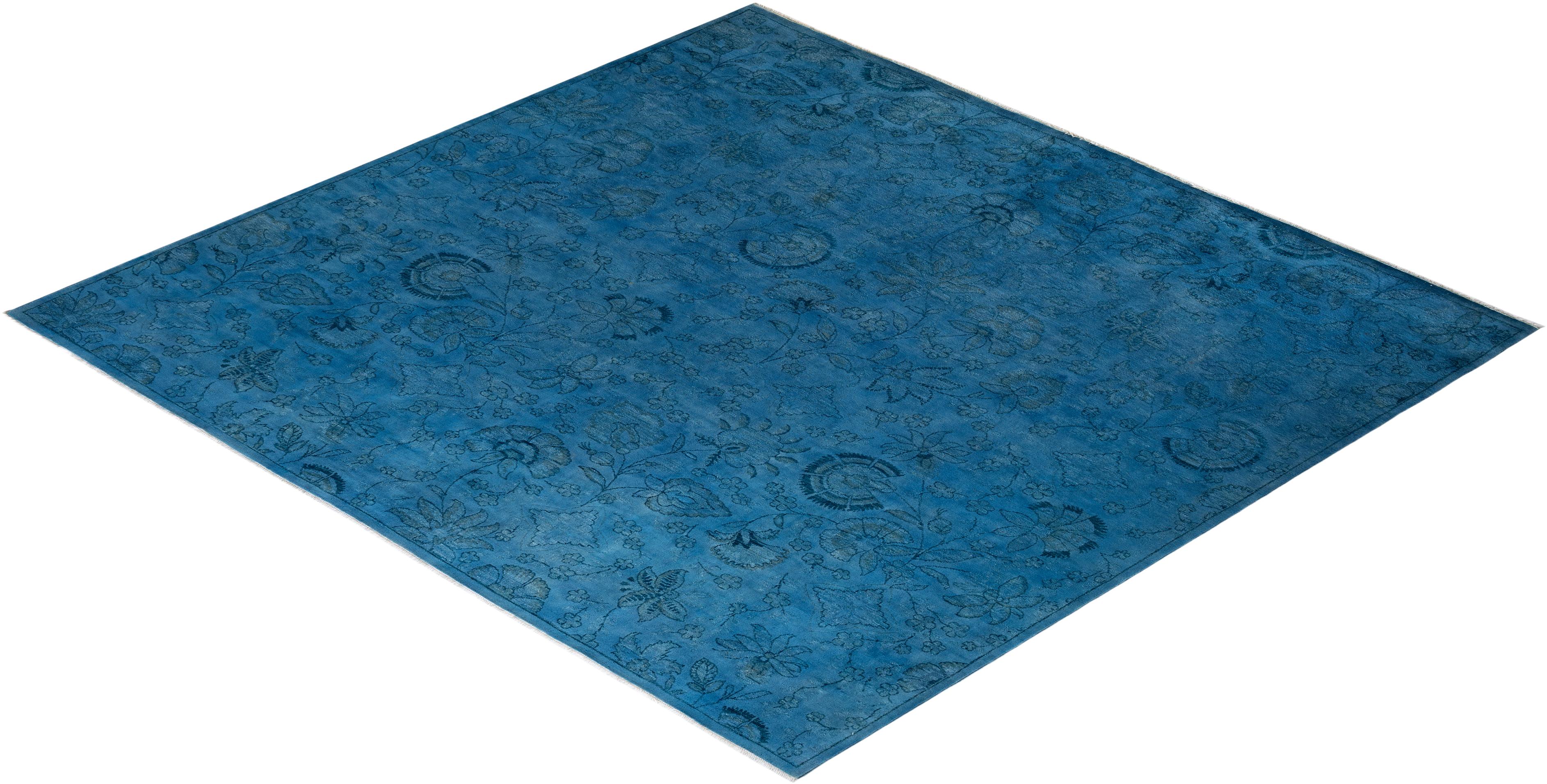 Contemporary Overdyed Hand Knotted Wool Blue Area Rug For Sale 4