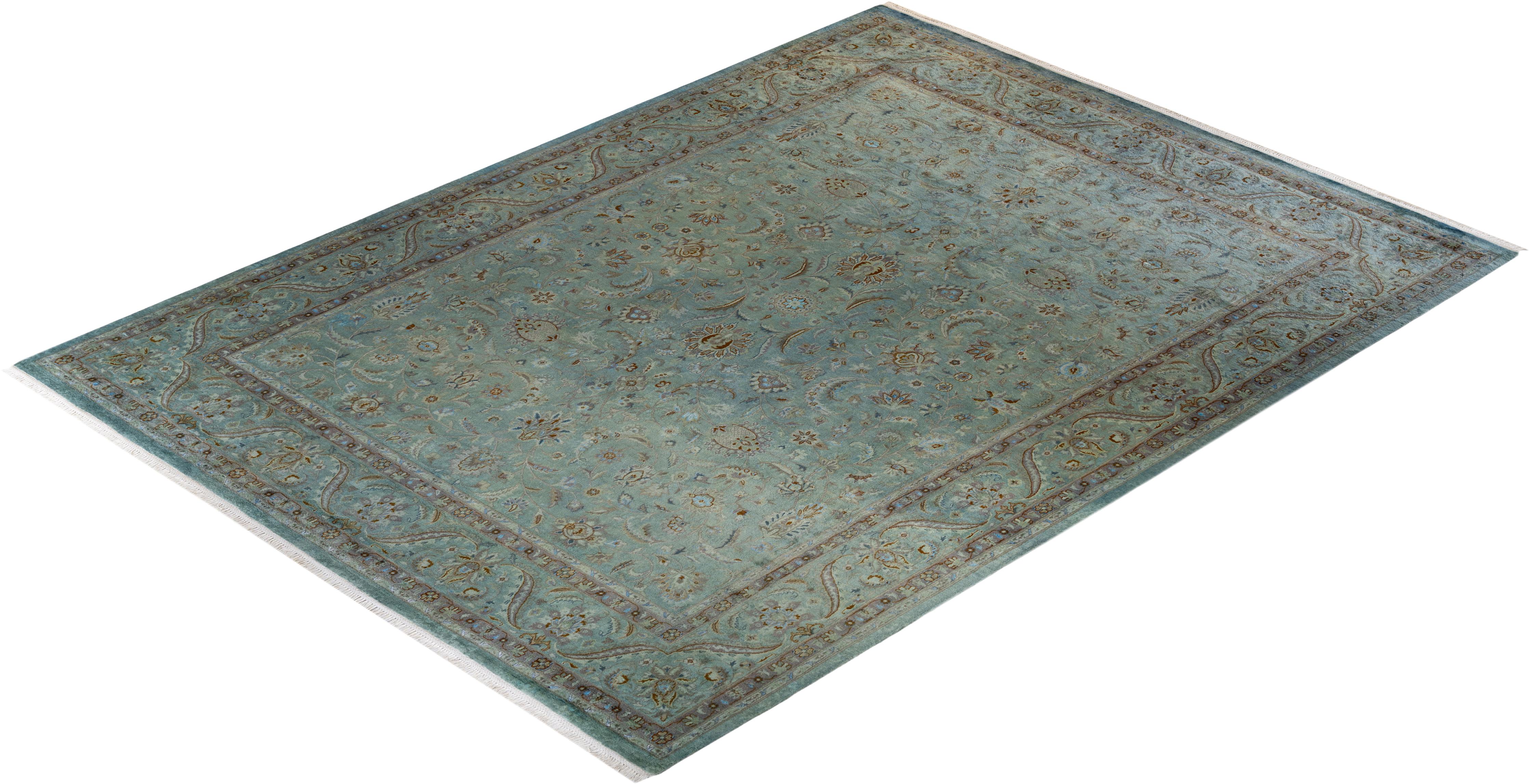 Contemporary Overdyed Hand Knotted Wool Blue Area Rug For Sale 4
