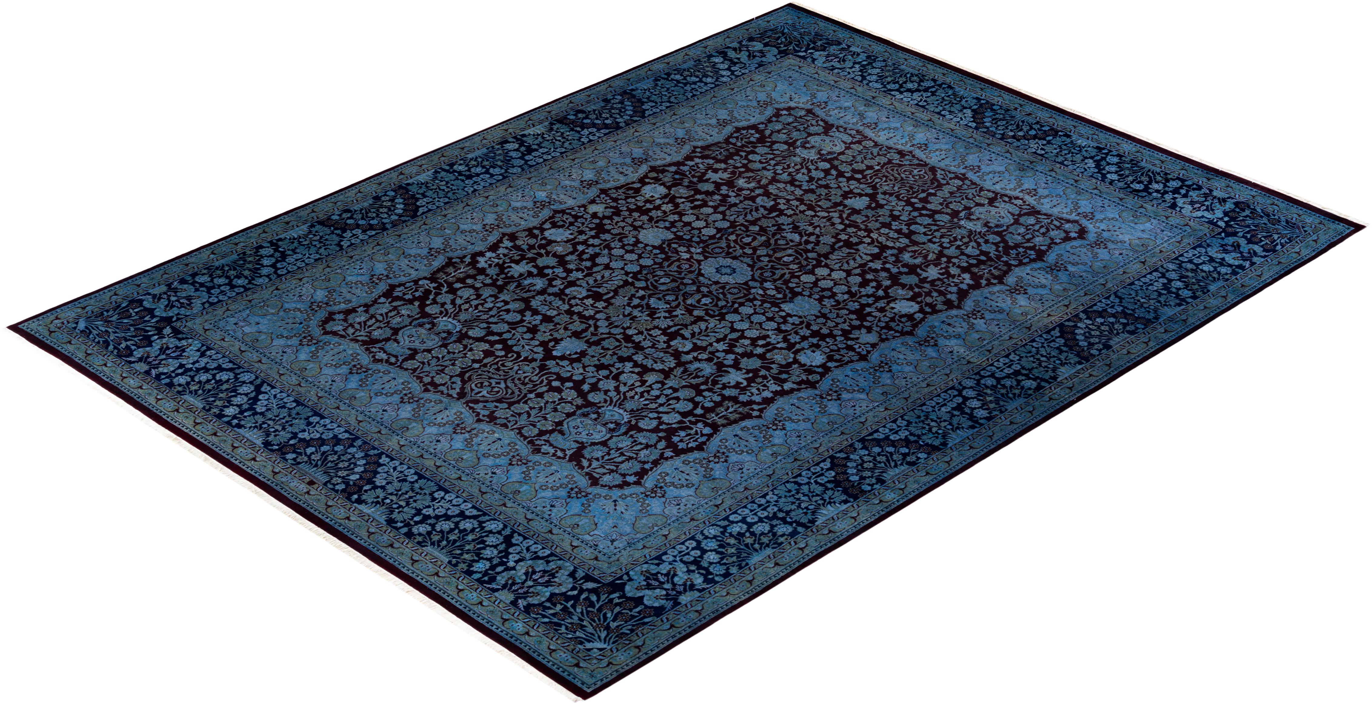 Contemporary Overdyed Hand Knotted Wool Blue Area Rug For Sale 4